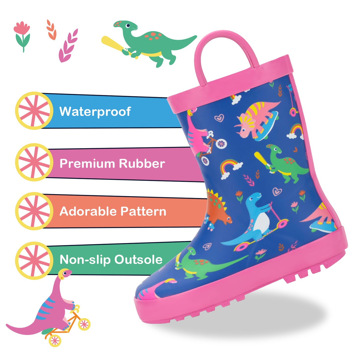 toddler kids  girl dinosaur outdoor sports rubber rain boots