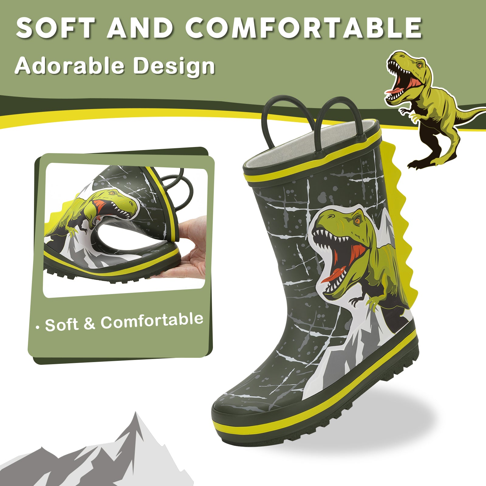 Children's rain boots with dinosaur design on a green background