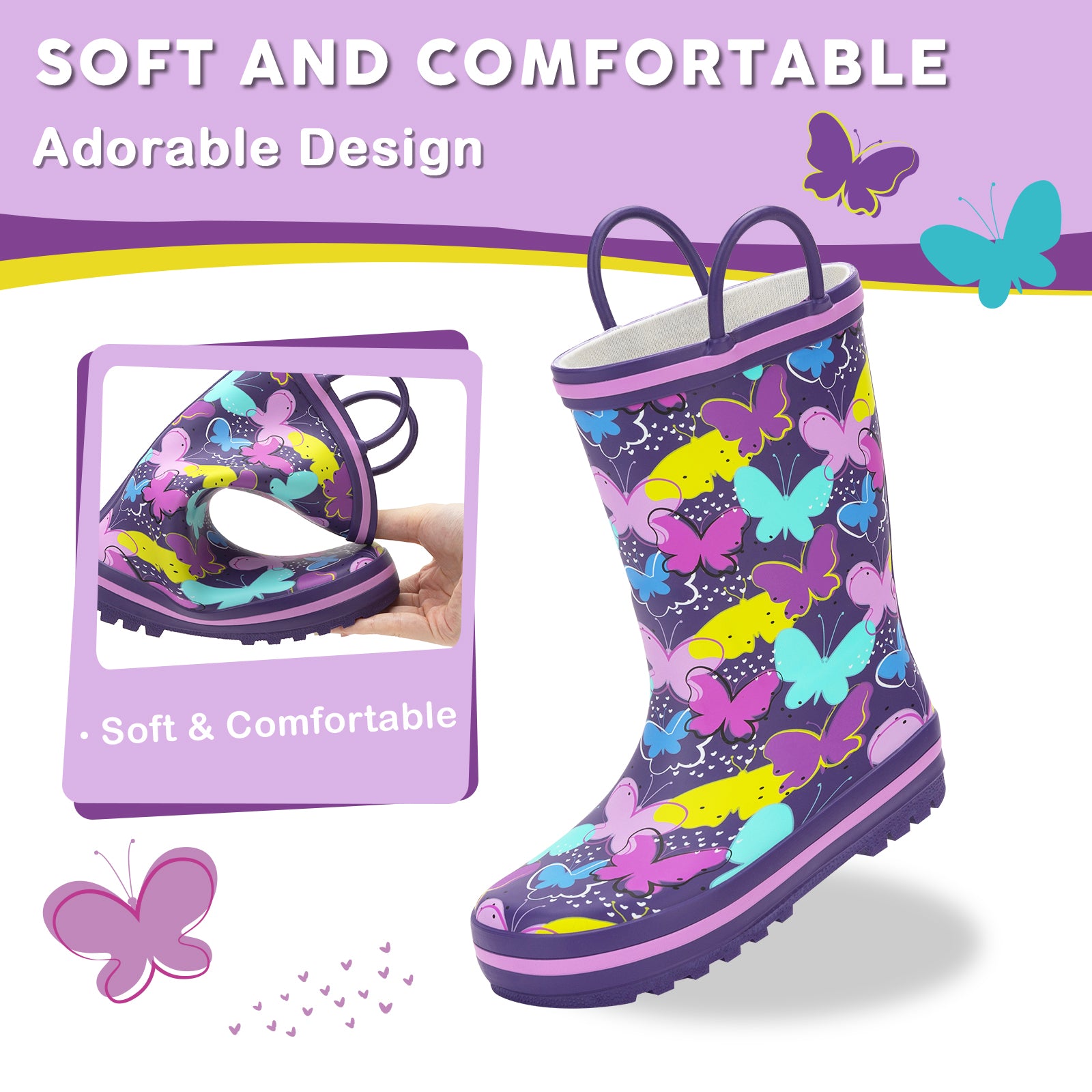 Children's rain boot with butterfly design and soft & comfortable text on a white background