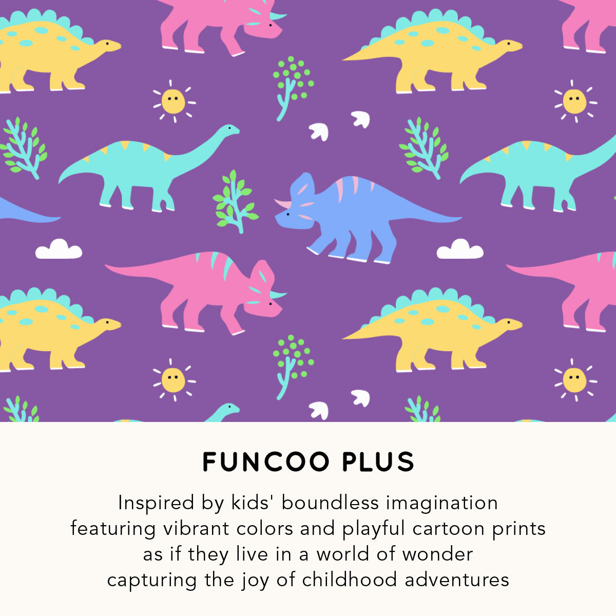 Pattern of colorful cartoon dinosaurs on a purple background with 'Funcoo Plus' branding.