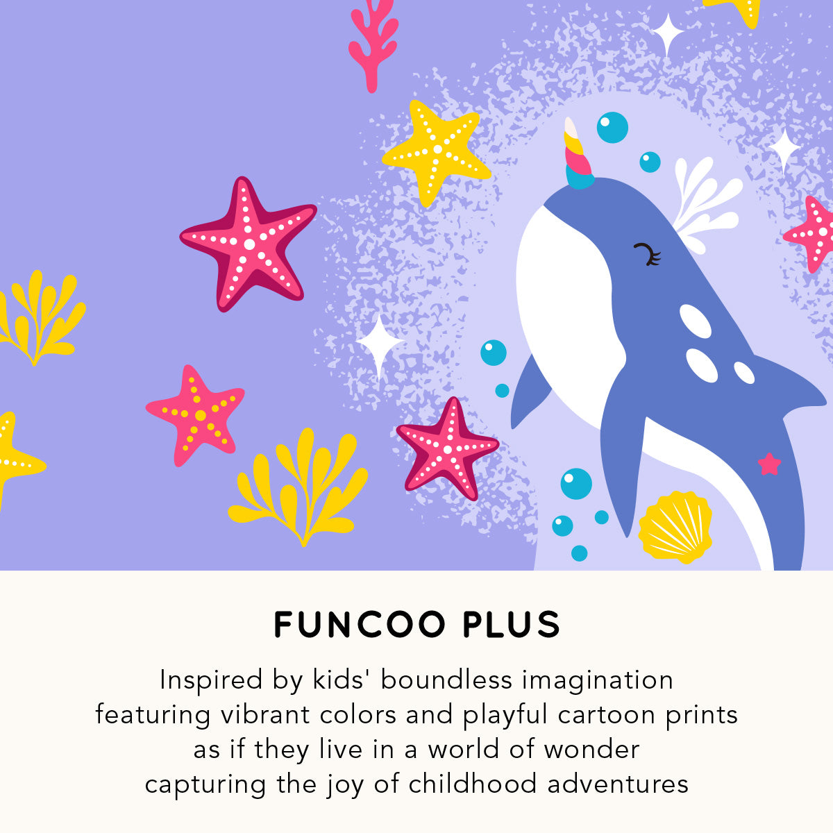 Cartoon whale with colorful stars and shells on a purple background, featuring the brand 'Funcoo Plus'.