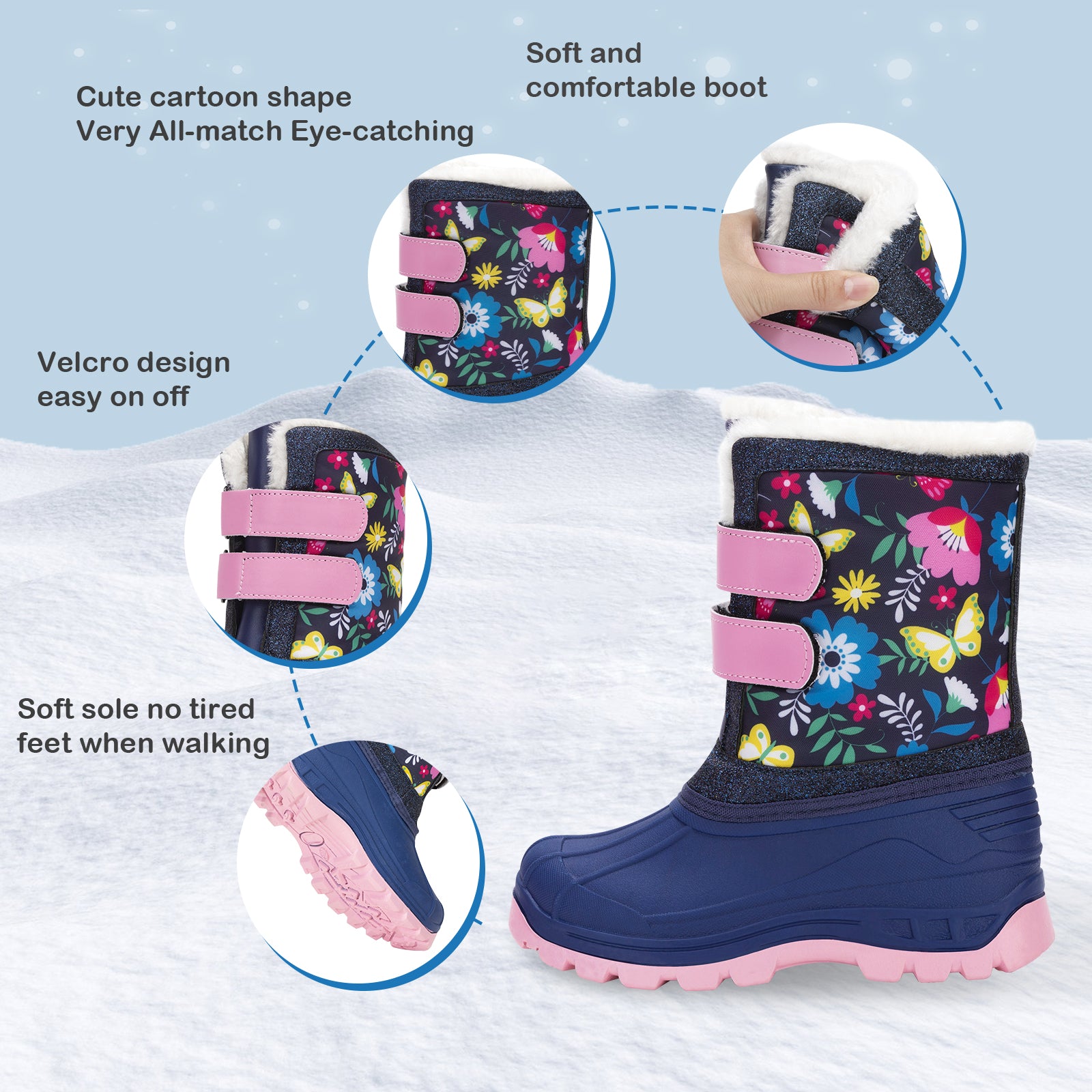 Toddler Girls Flower Winter Snow Boots - FUNCOO