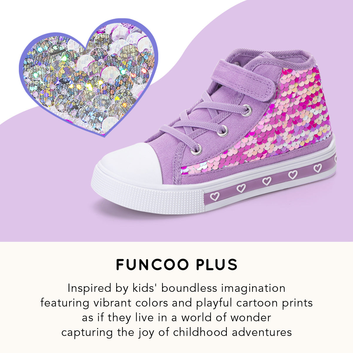 purple high-top sneaker with sequin heart design on a purple background, featuring the brand 'funcoo plus'.