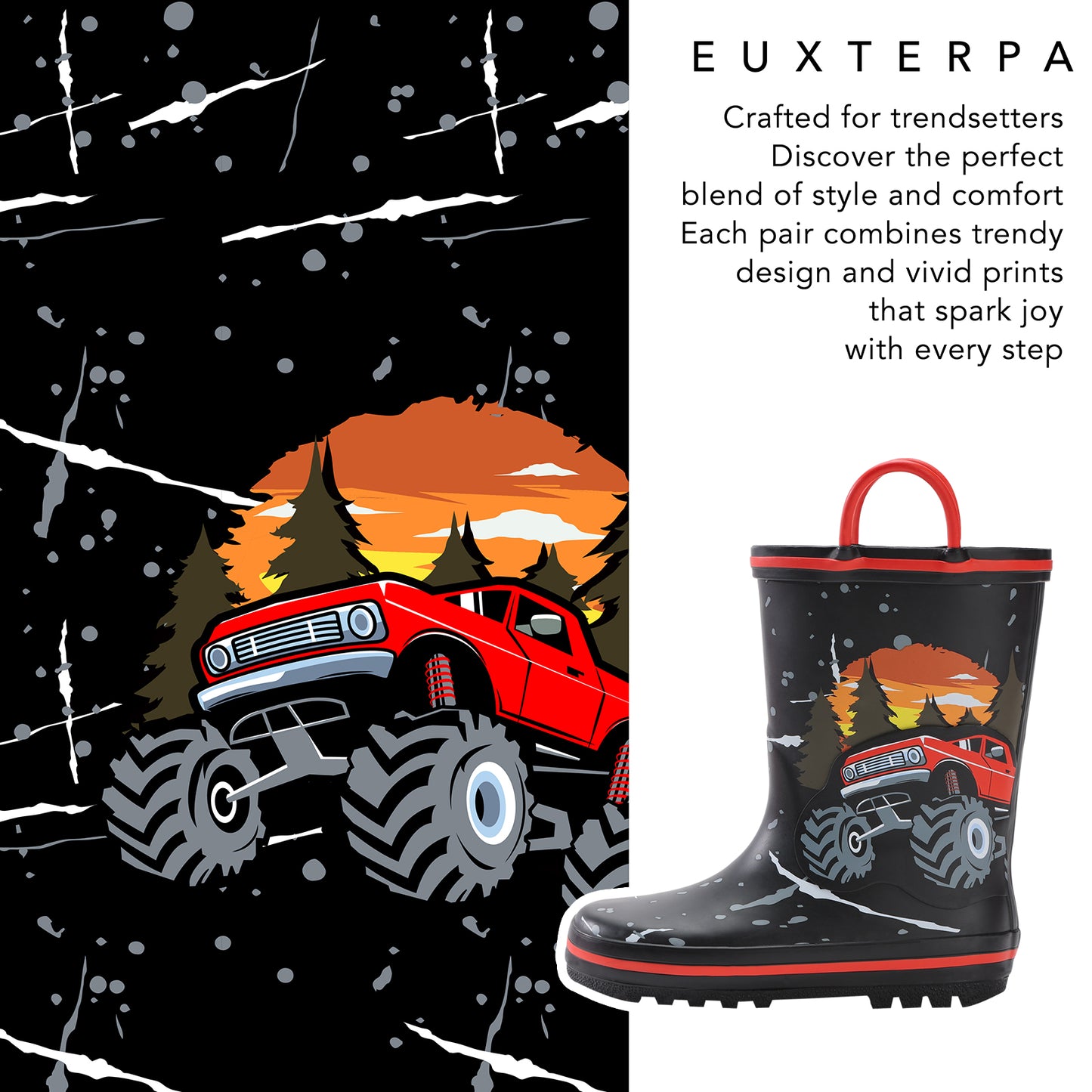 children's rain boot with monster truck design on a black background with white snowflakes.