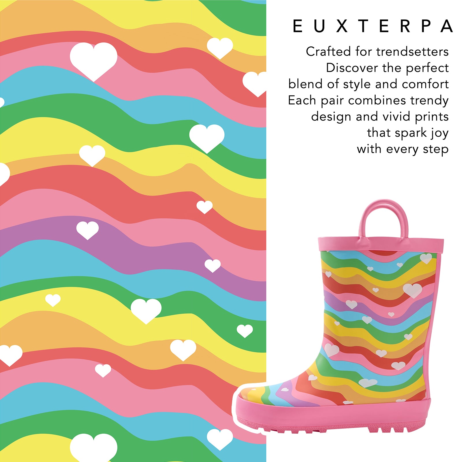 Colorful rain boot with rainbow pattern and hearts on a matching background, featuring EUXTERPA branding.