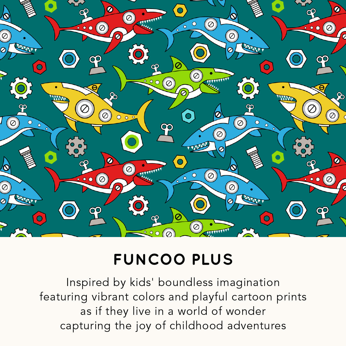 Colorful pattern of cartoon sharks and gears on a blue background with 'Funcoo Plus' branding.