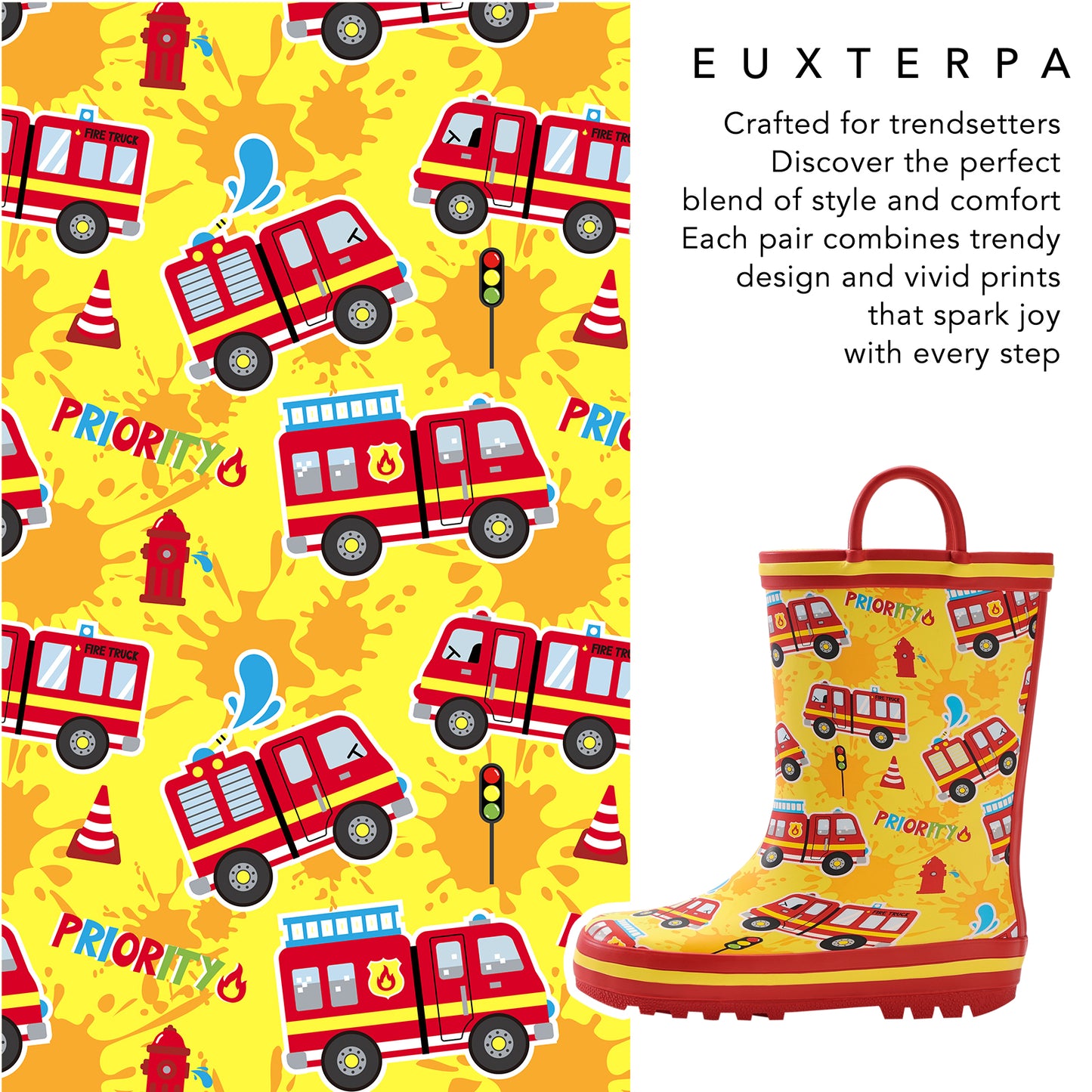 children's rain boot with fire truck pattern on a yellow background