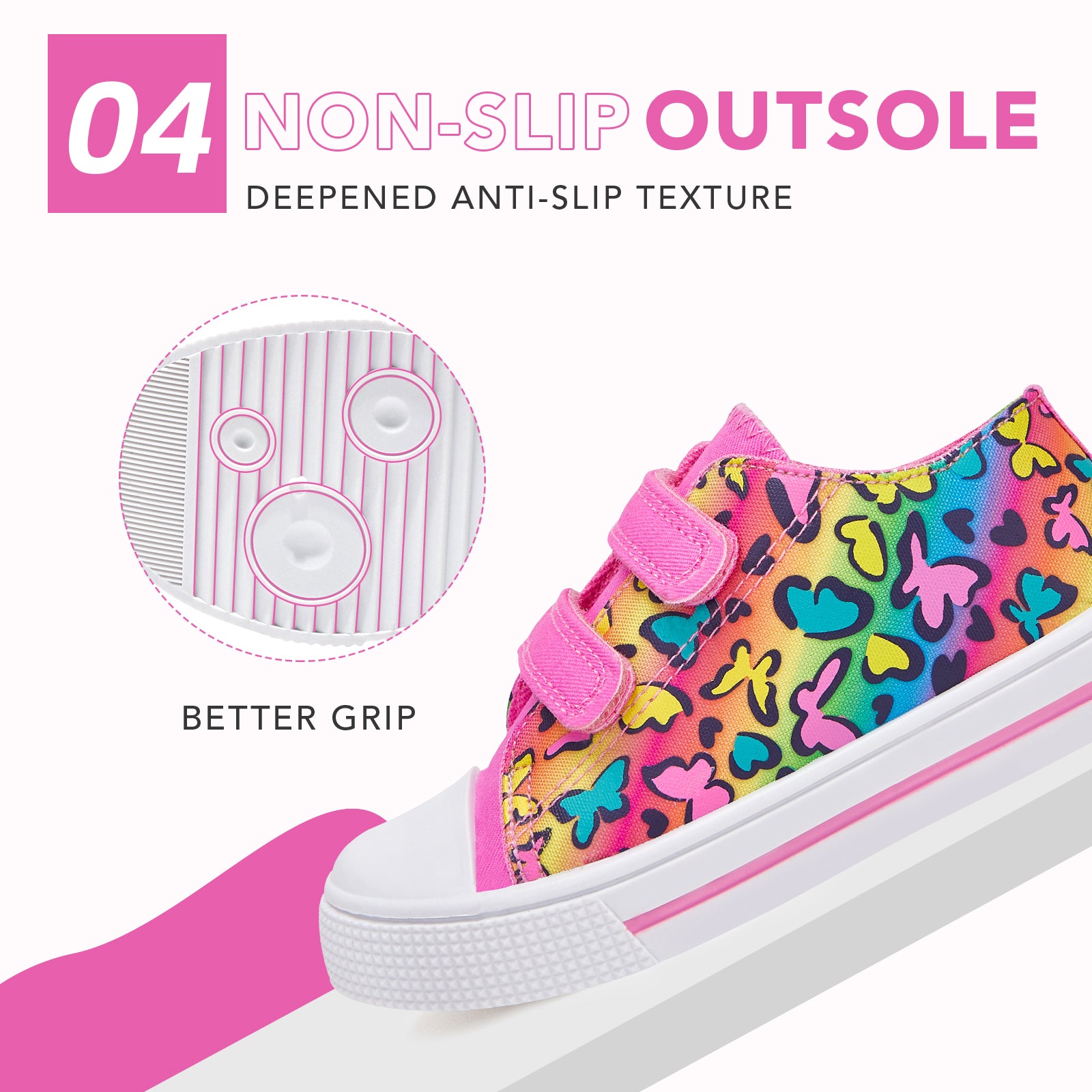 Colorful children's sneakers with butterfly pattern and pink accents, highlighting non-slip sole.