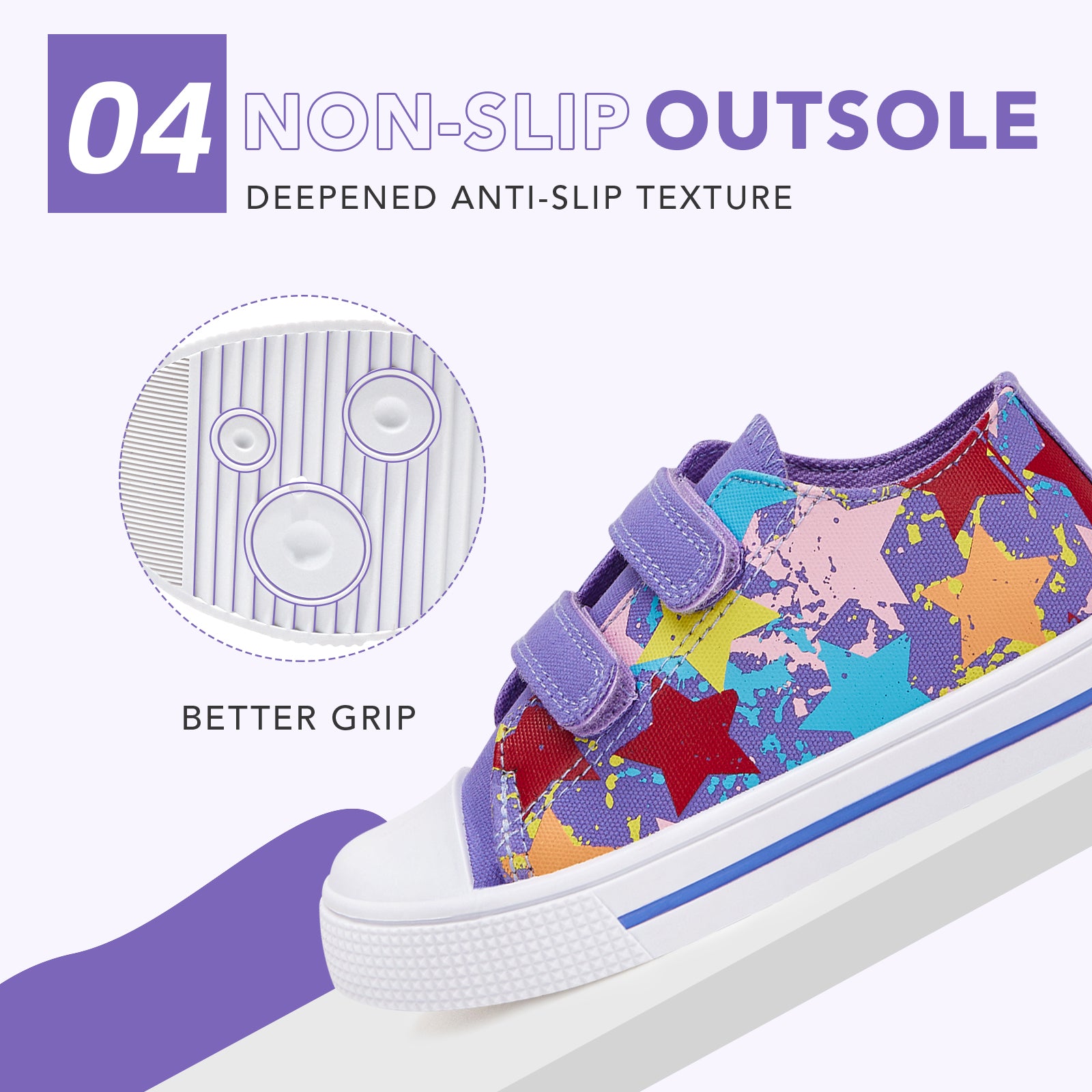 Colorful children's sneaker with star pattern on a white background, highlighting non-slip sole.