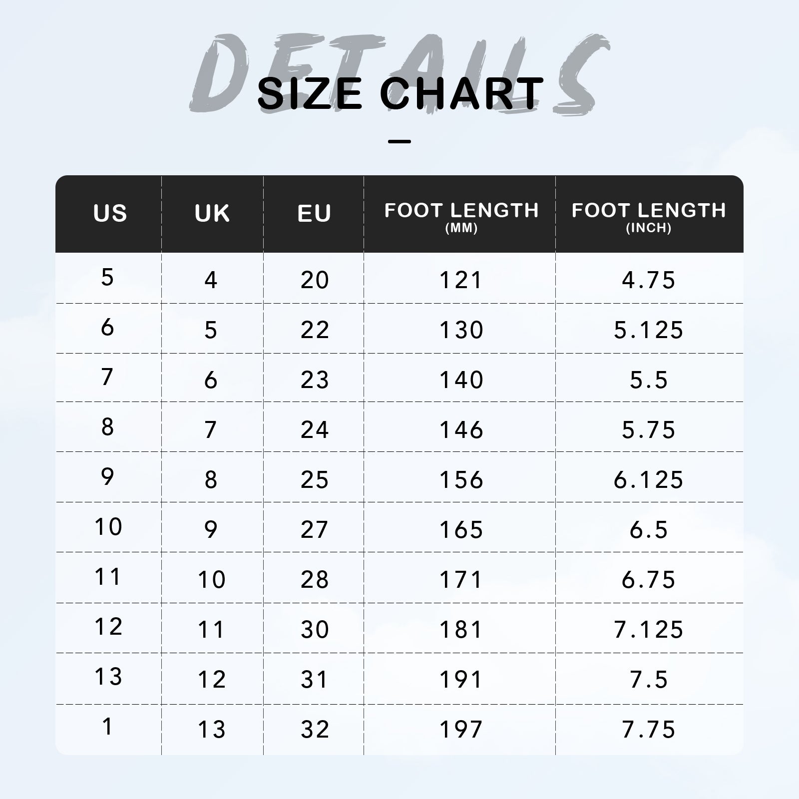 Size chart for shoes with US, UK, EU, foot length in millimeters, and foot length in inches.