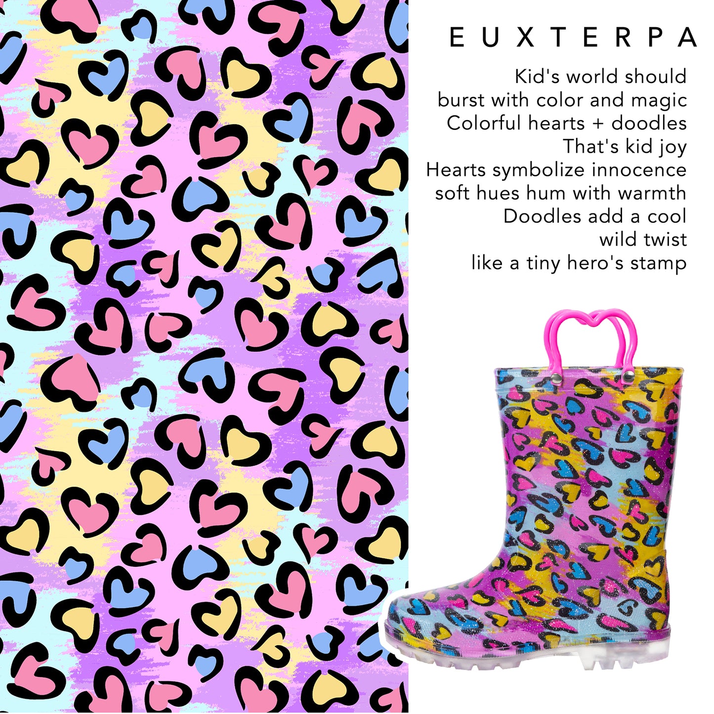 colorful rain boot with heart and doodle pattern next to text about the product's design and meaning.
