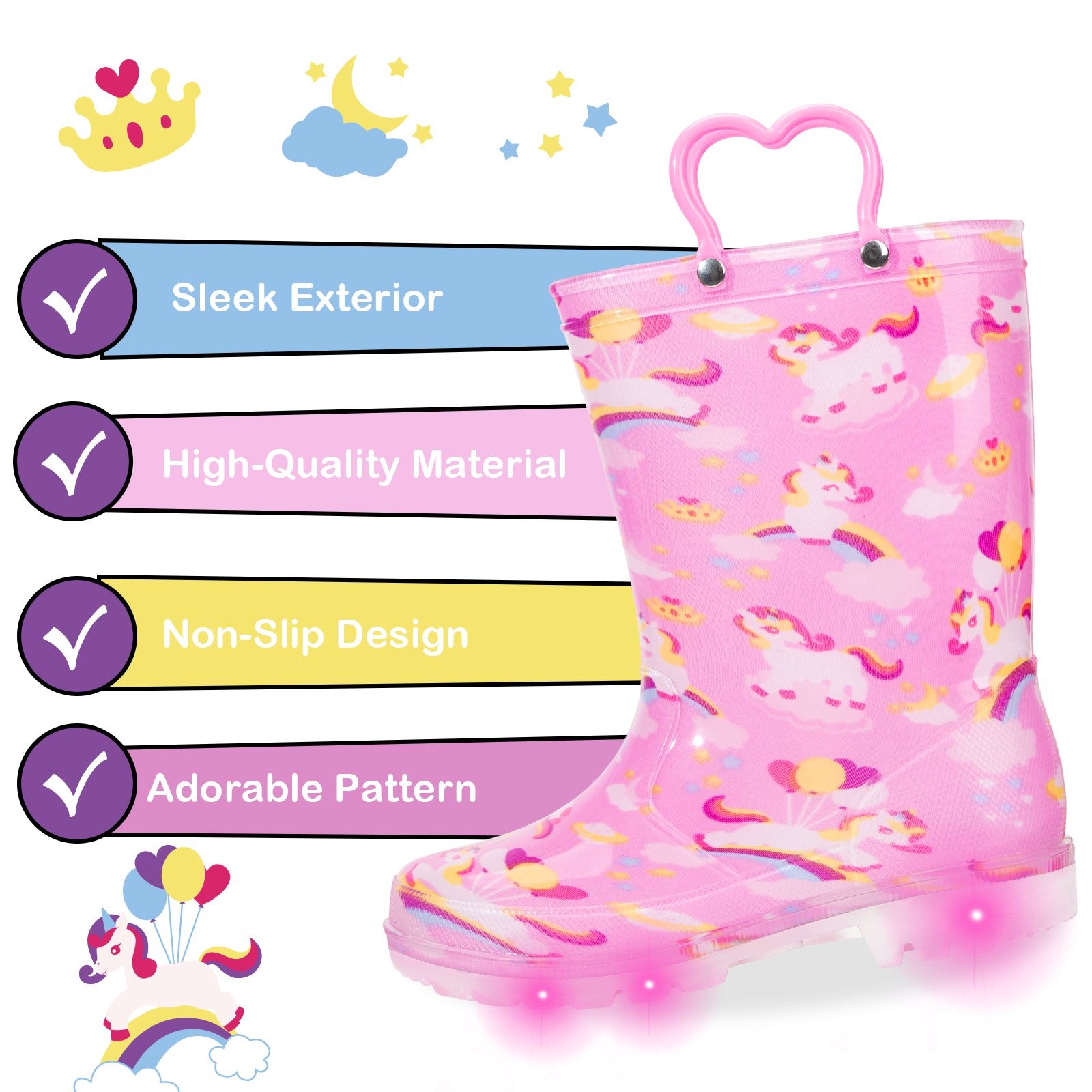 Pink Cloud Unicorn Light Up Waterproof Rain Boots