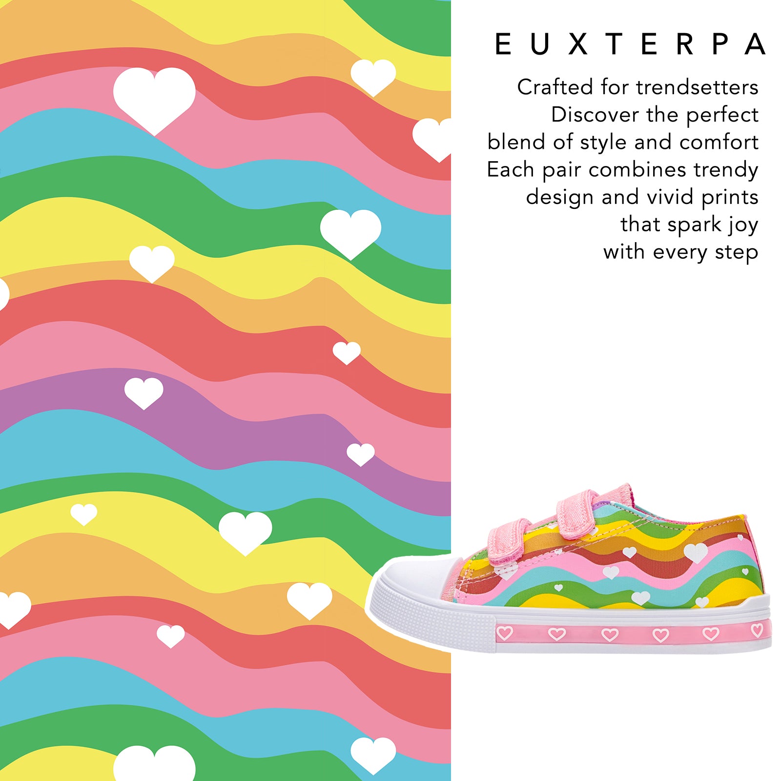 Colorful rainbow-patterned shoe with hearts on a multicolored background, featuring the brand 'Euxterpa'.