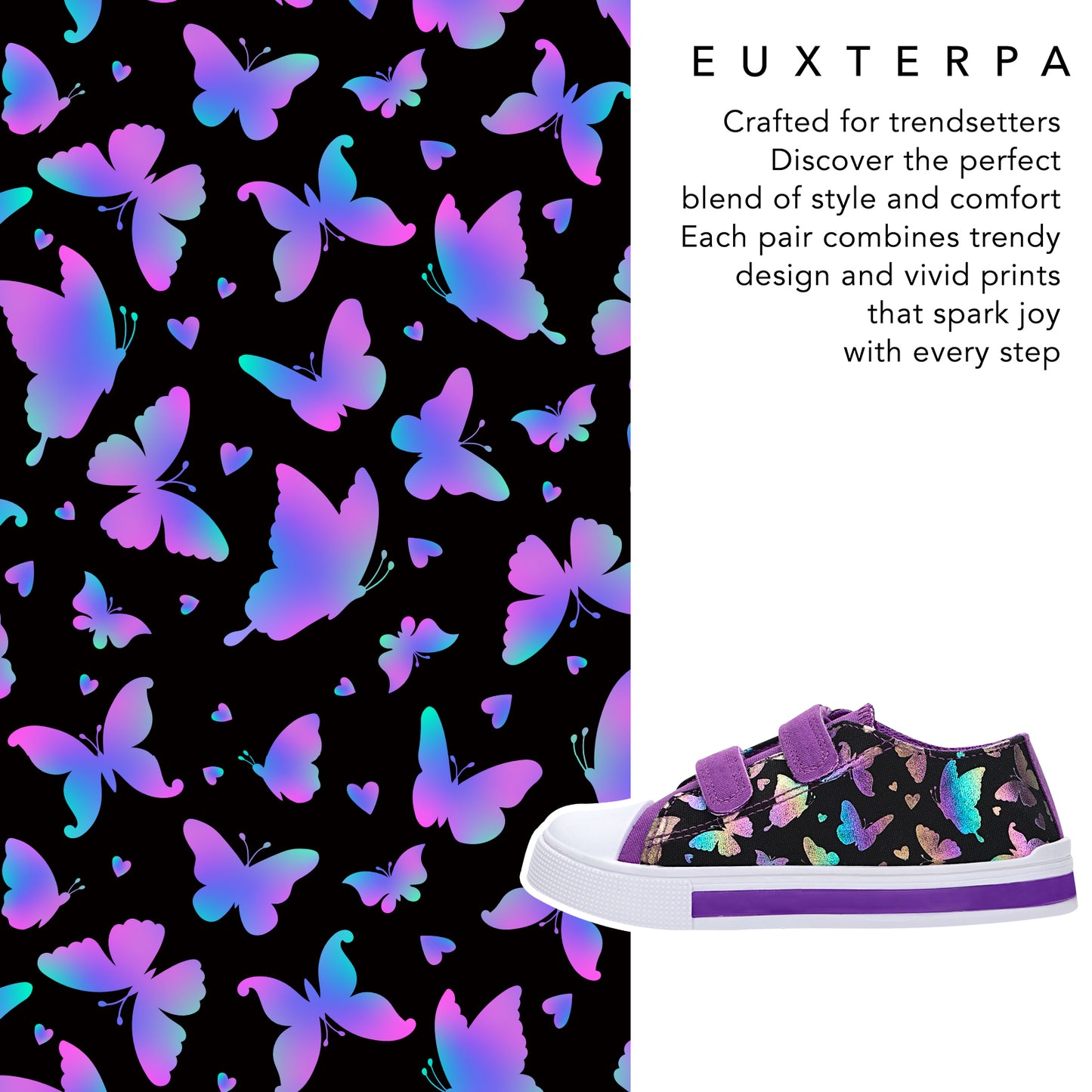 butterfly-patterned shoes with a black background and euxterpa branding.