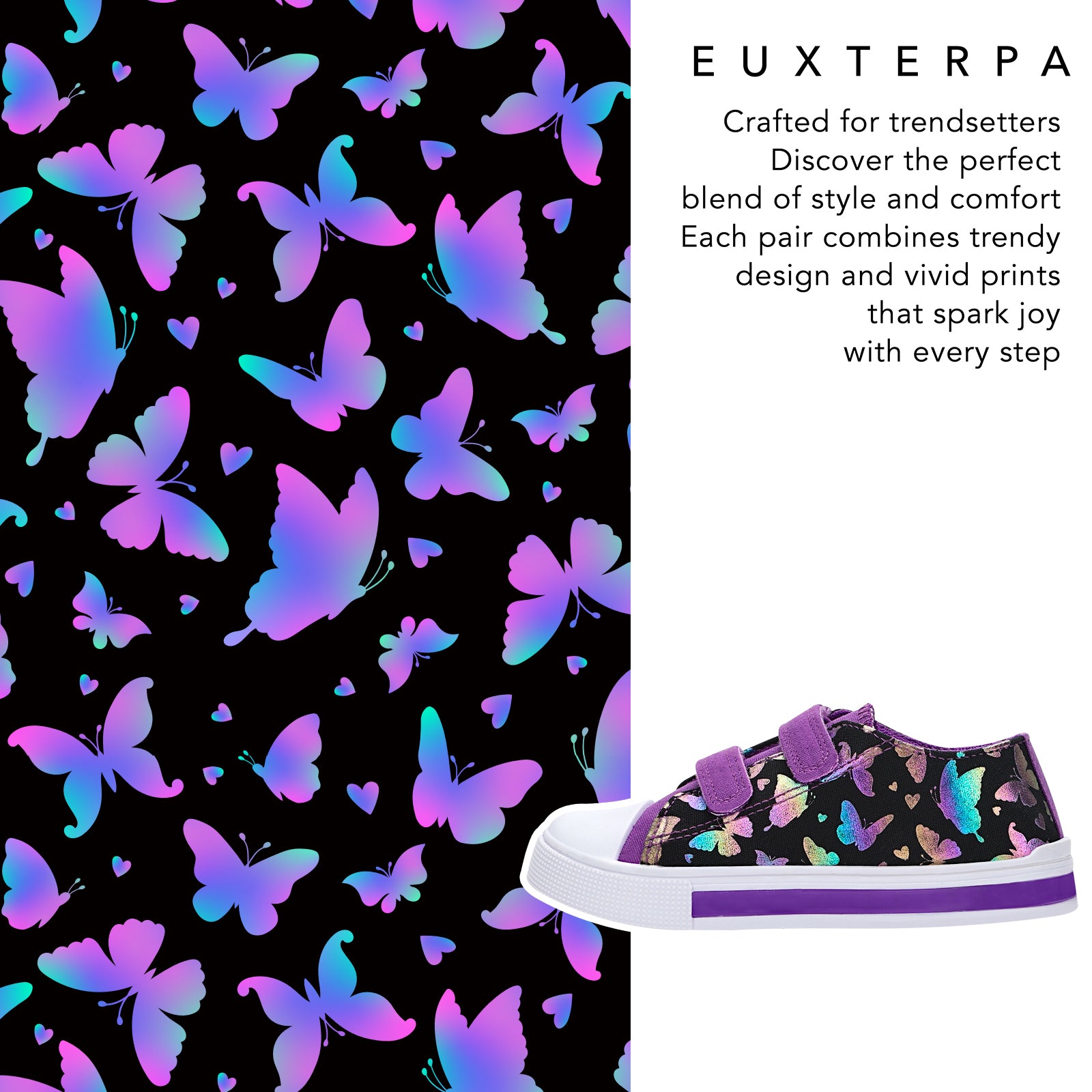 Butterfly-patterned shoes with a black background and EUXTERPA branding.