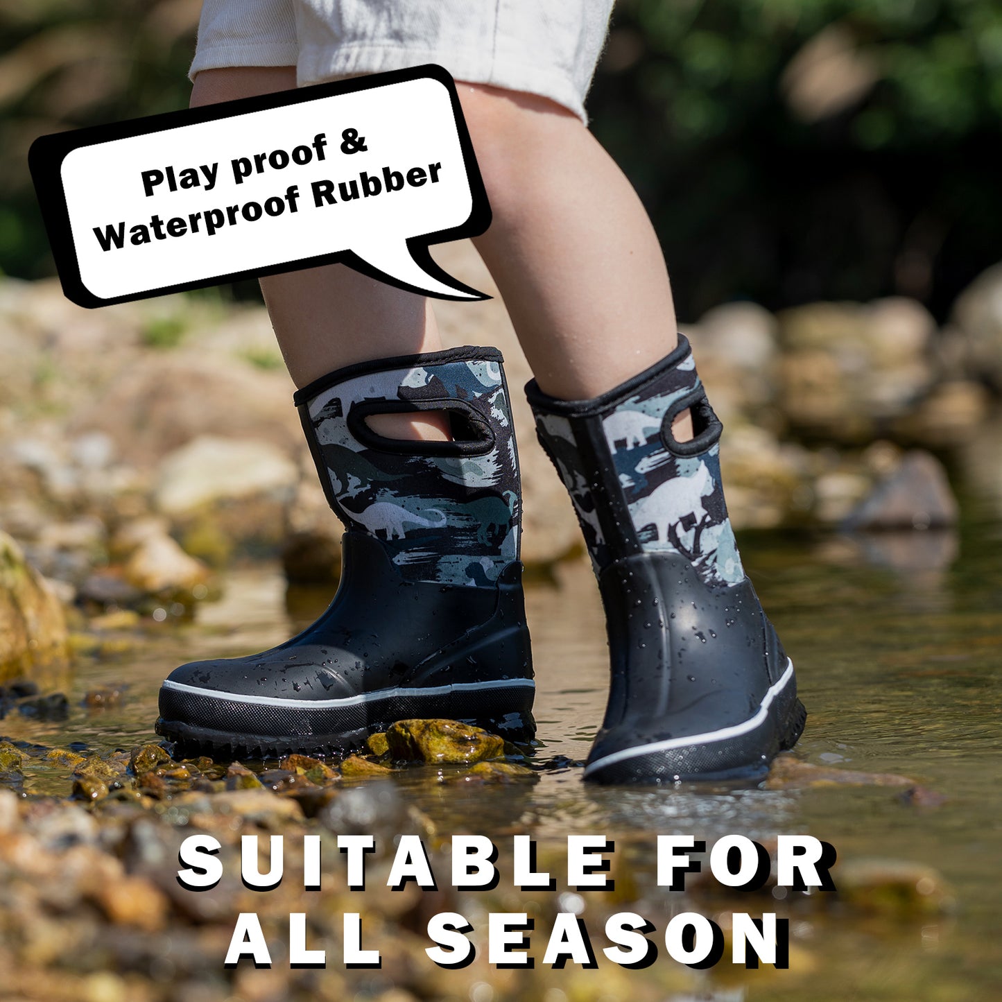 black white dinosaur mud boots