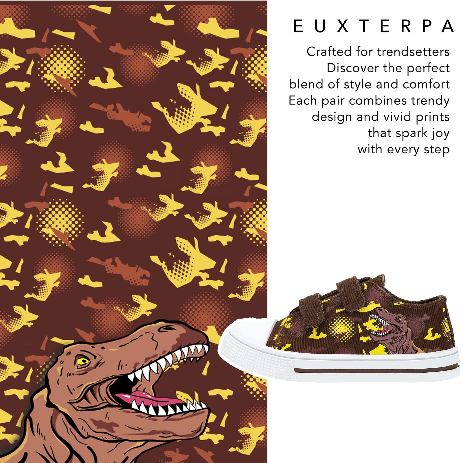 Dinosaur-themed sneaker with patterned background and Euxterpa branding.