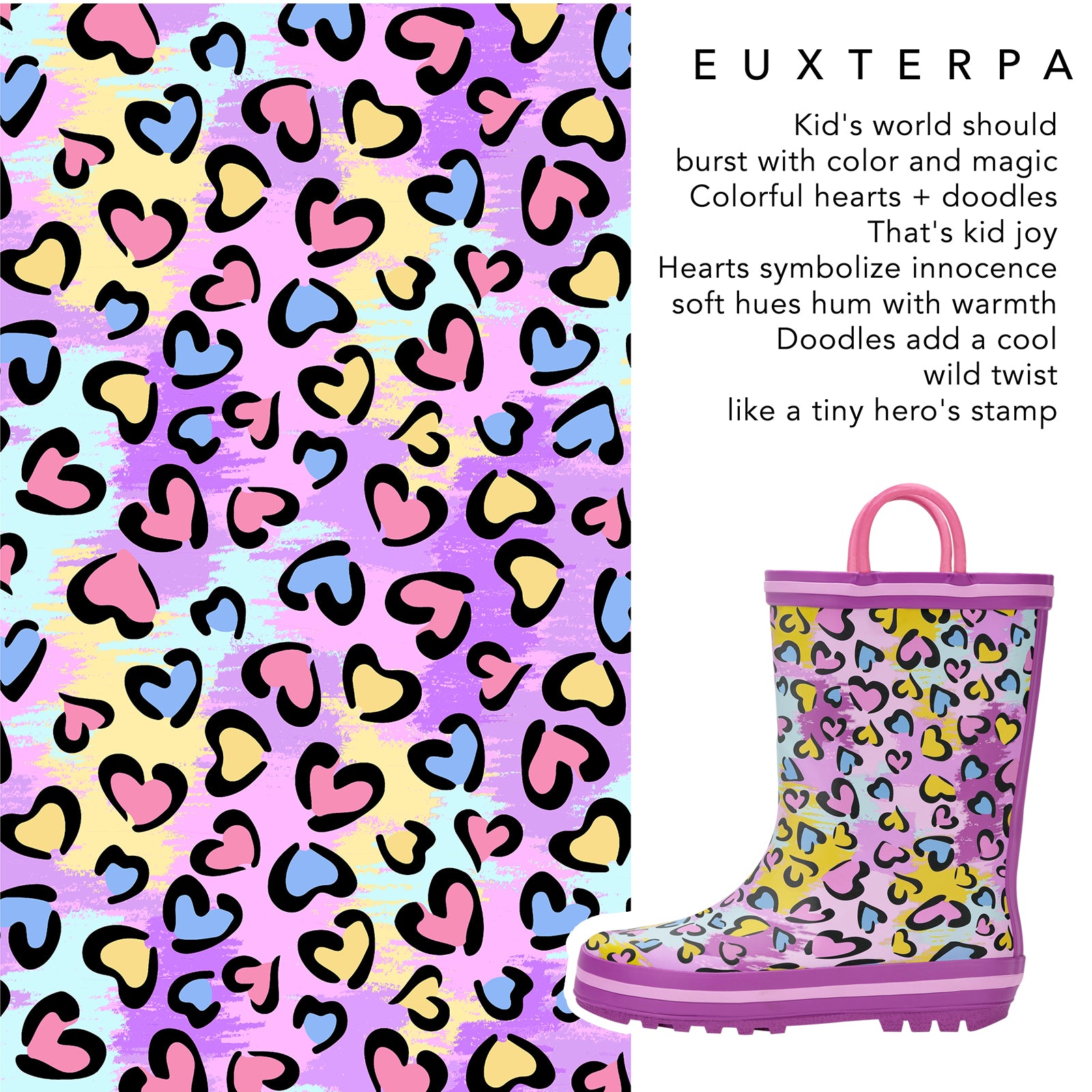 Colorful heart-patterned fabric with a matching rain boot on a purple background, featuring text about the product.
