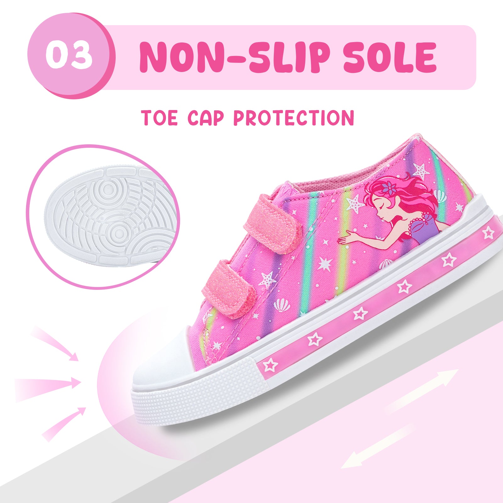 Pink children's shoe with mermaid design and non-slip sole feature on a pink background