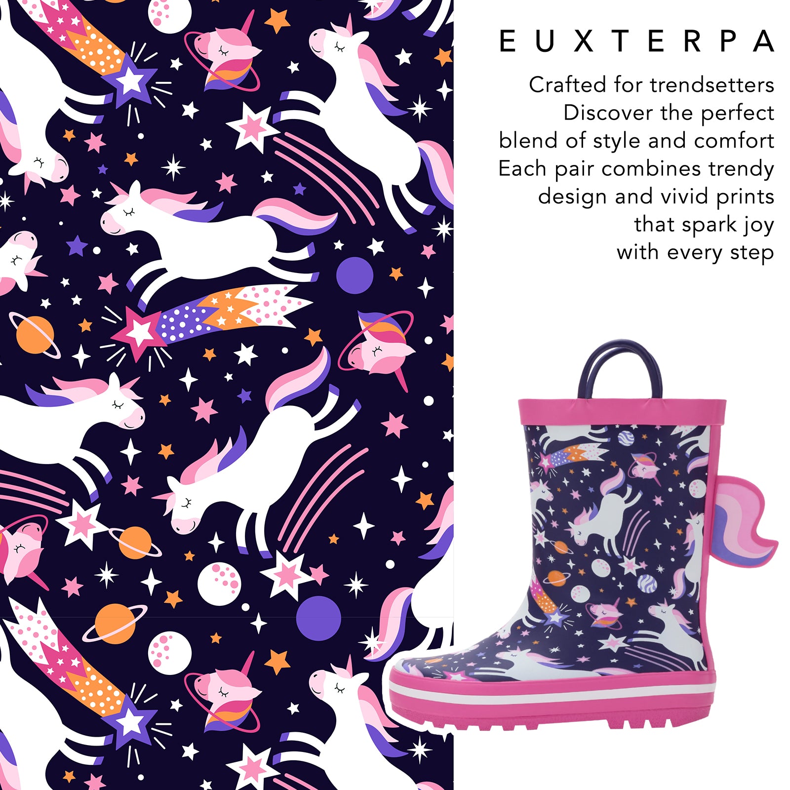 Unicorn and space-themed rain boot with promotional text on a dark background