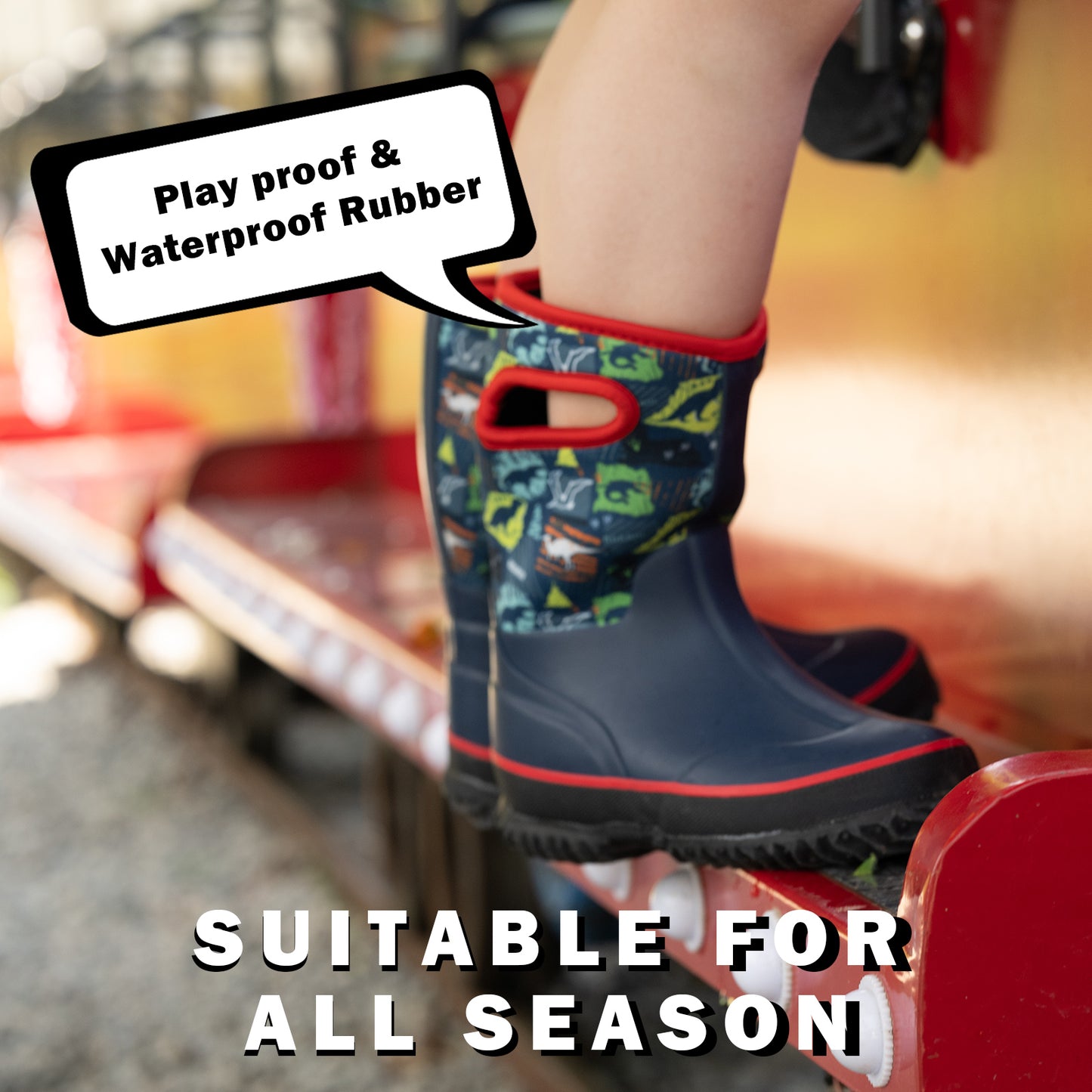 red blue dinosaur mud boots
