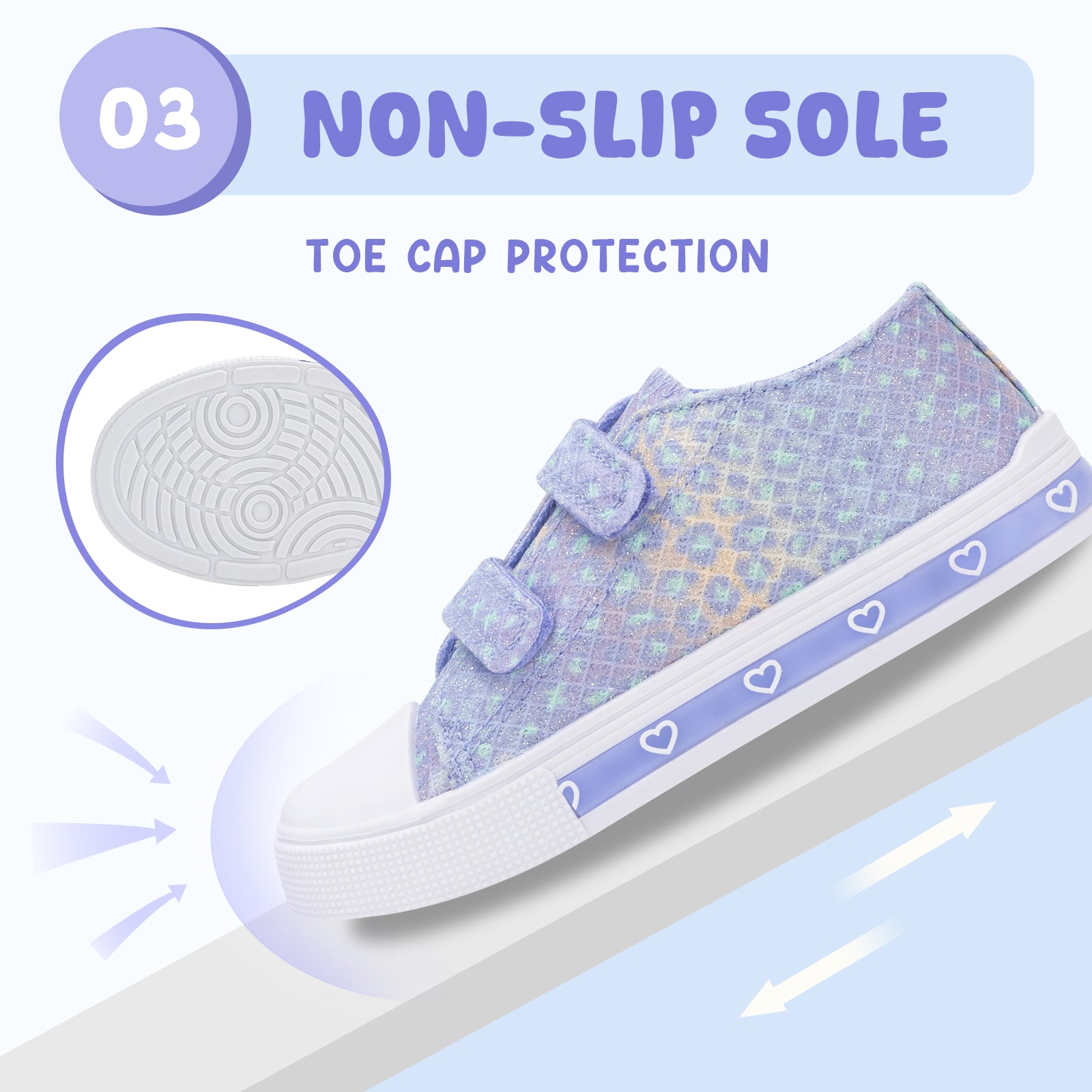 Children's shoe with non-slip sole and toe cap protection on a light blue background