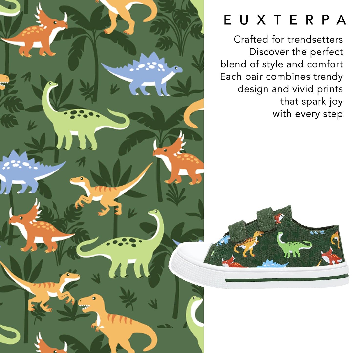 dinosaur patterned fabric with a shoe featuring the same design on a green background.