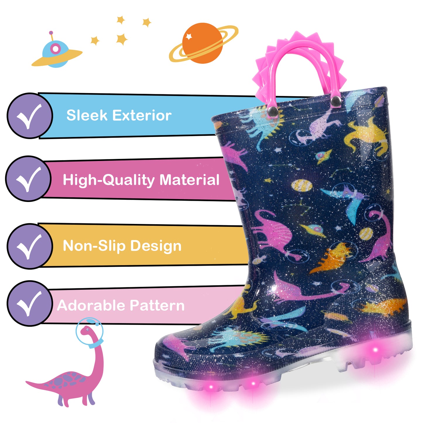 girls' space dinosaur light up waterproof rain boots