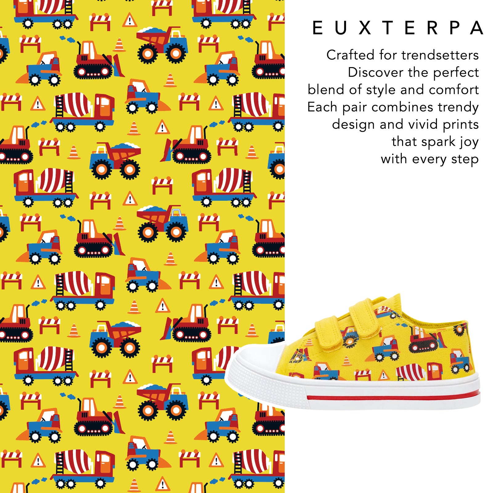 Yellow sneaker with construction vehicle pattern on a yellow background, featuring text about the brand and product.
