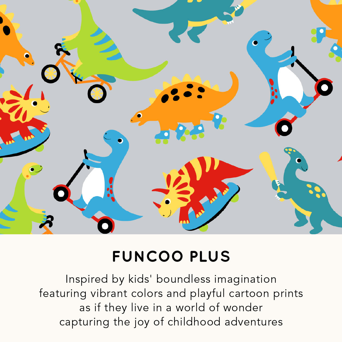colorful dinosaur illustrations on a gray background with 'funcoo plus' branding.
