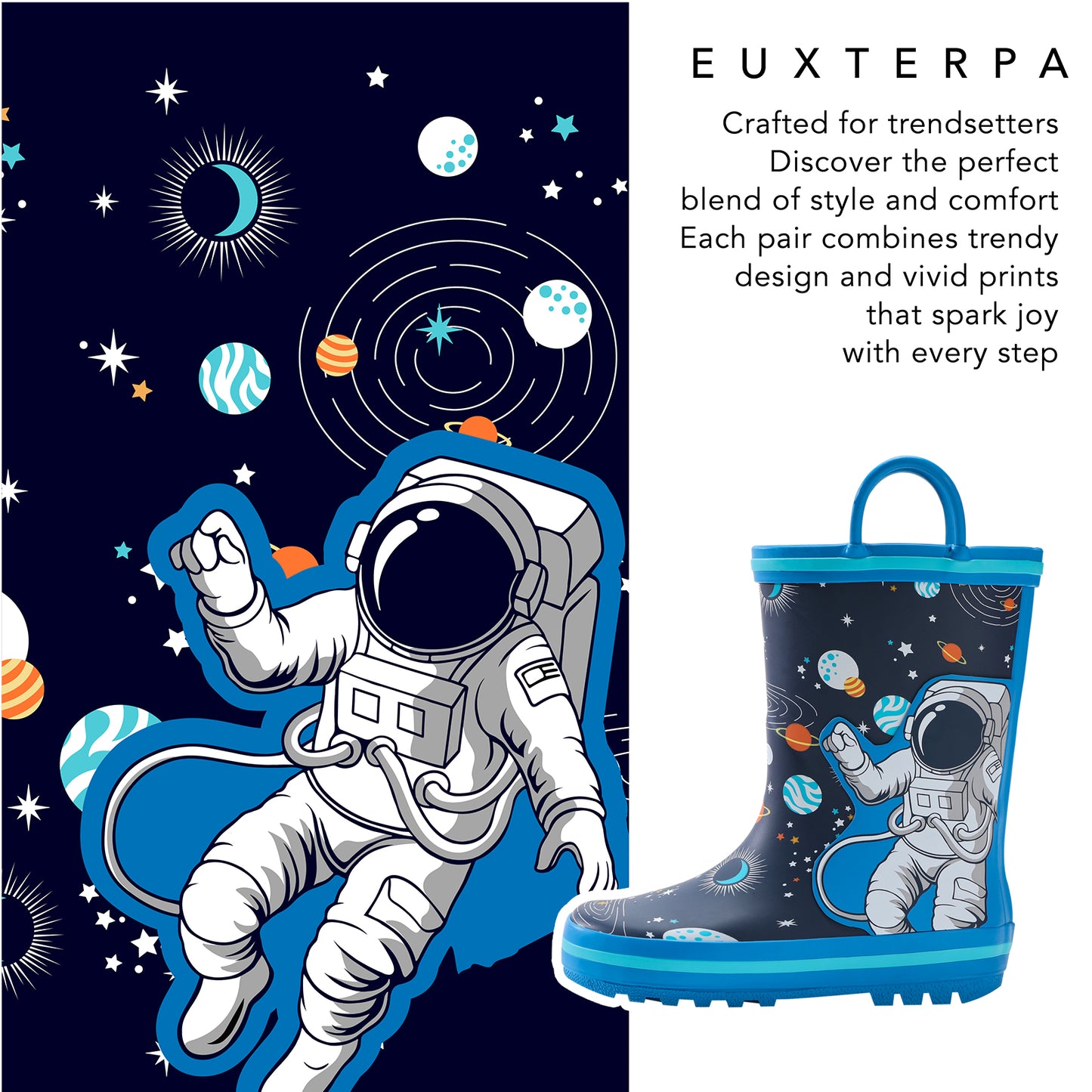 children's rain boot with space-themed design featuring an astronaut, planets, and stars on a dark blue background.