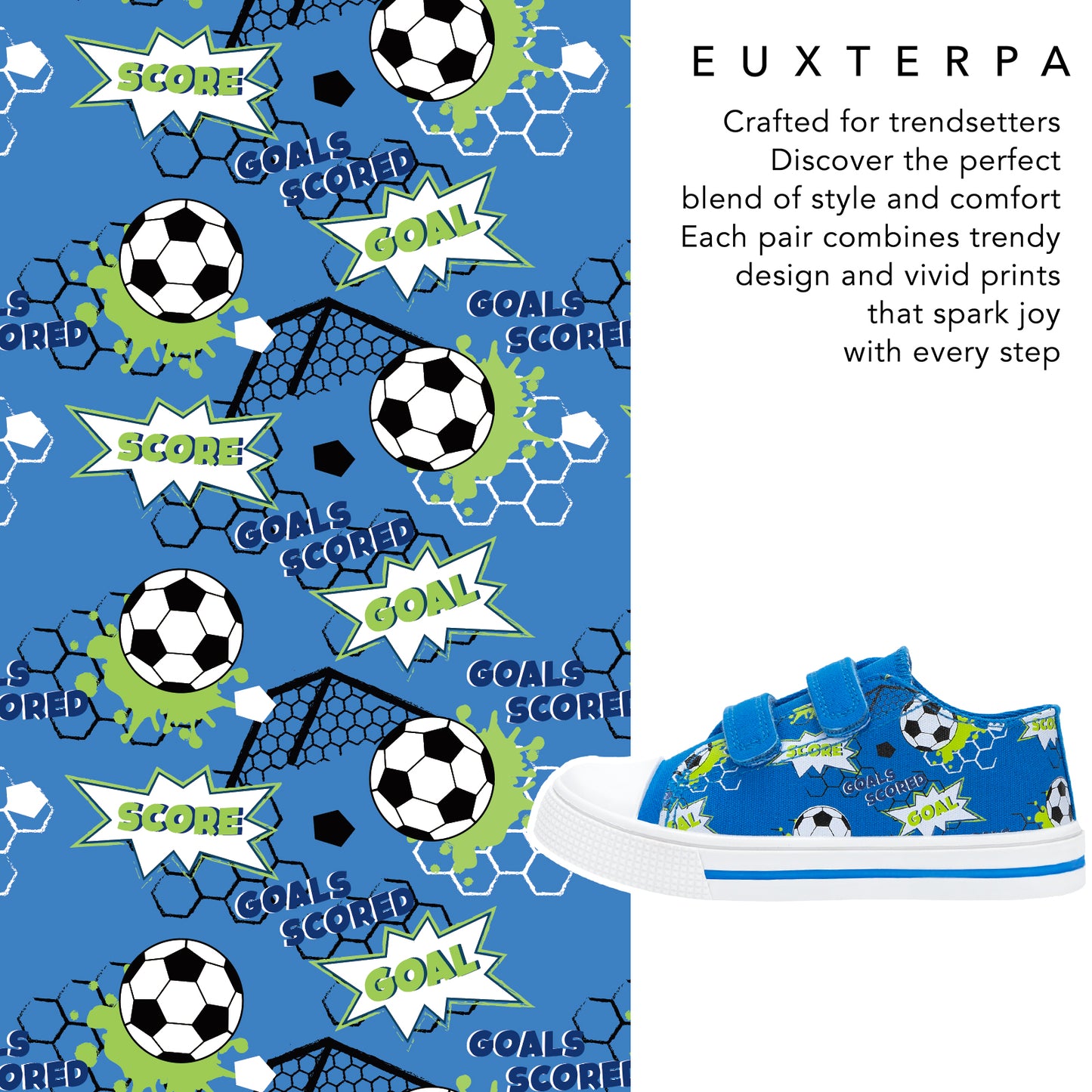children's shoes with soccer ball and 'goal!' pattern on a blue background, featuring euxterpa branding.