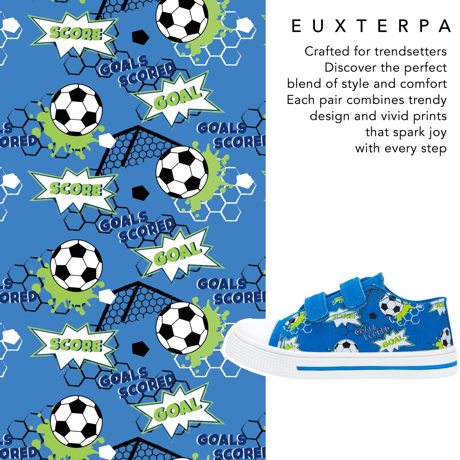 Children's shoes with soccer ball and 'GOAL!' pattern on a blue background, featuring Euxterpa branding.