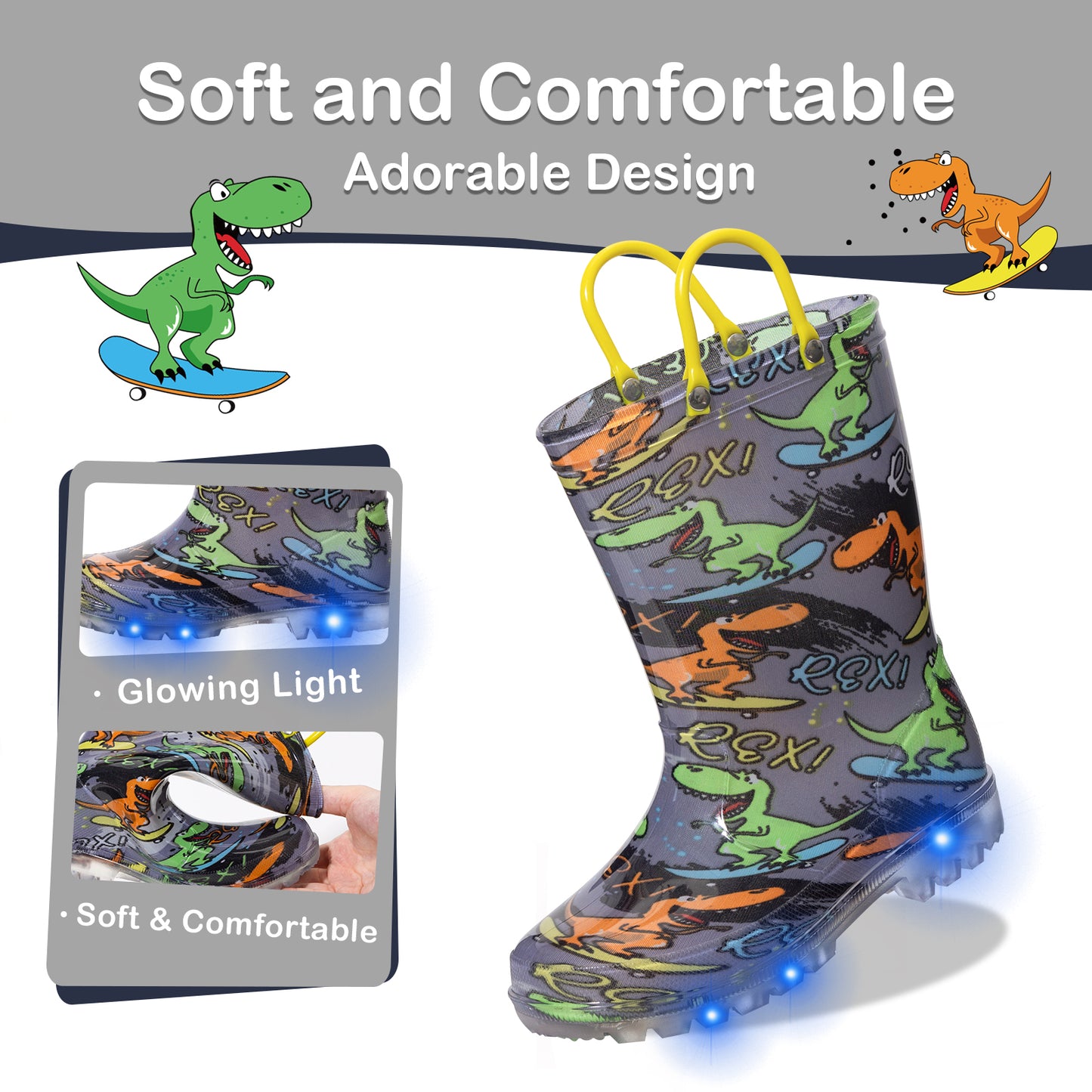 children's rain boots with dinosaur pattern and glowing light feature, displayed with packaging.