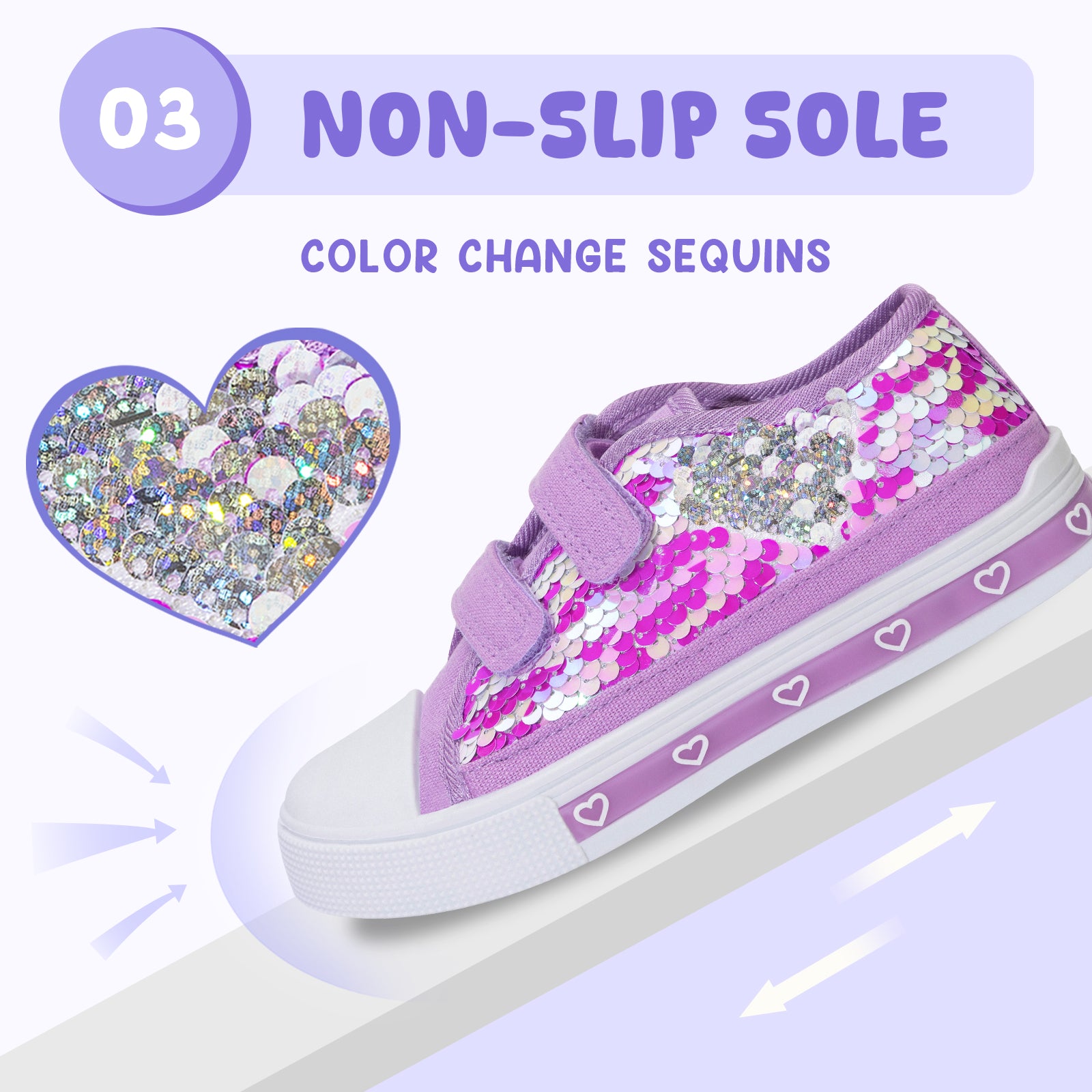 Purple sneaker with color-changing sequins on a light purple background