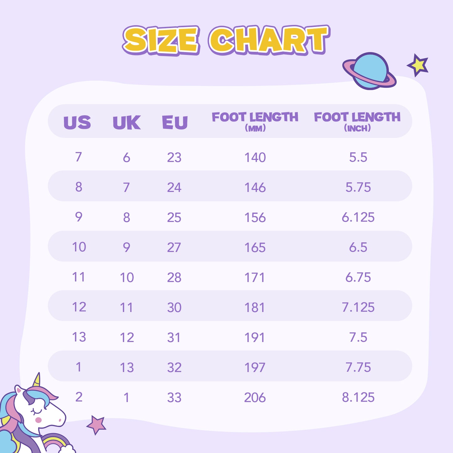 size chart for shoes with us, uk, eu, foot length (mm), and foot length (inch) measurements on a purple background.