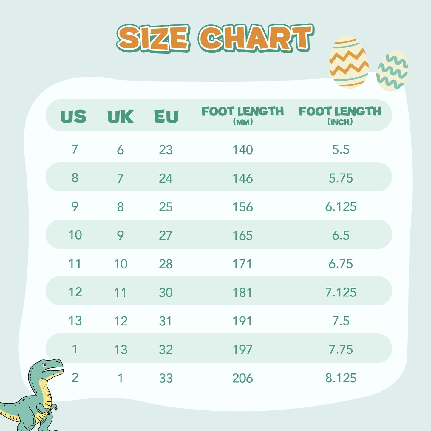 size chart for shoes with us, uk, eu measurements and foot length in millimeters and inches on a light blue background.