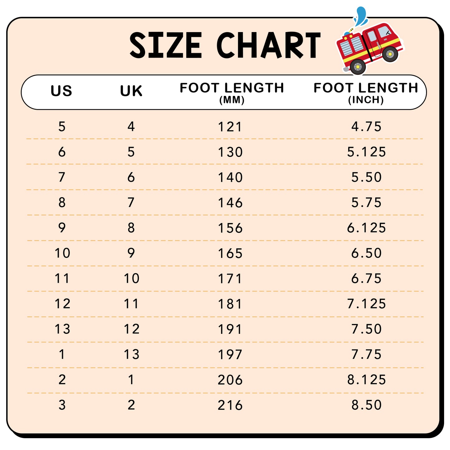 size chart for shoes with foot length measurements in millimeters and inches, featuring a fire truck icon.