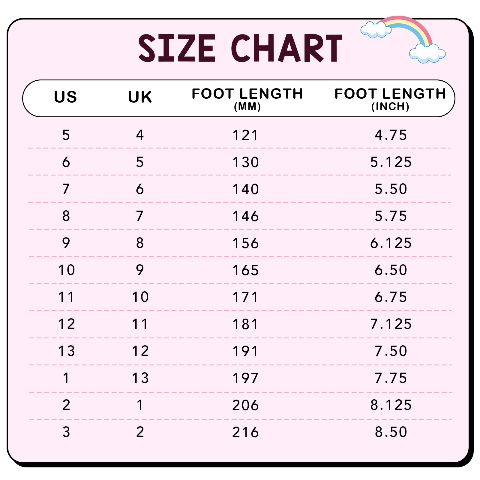 Size chart for shoes with US, UK, foot length in millimeters, and inches on a pink background.