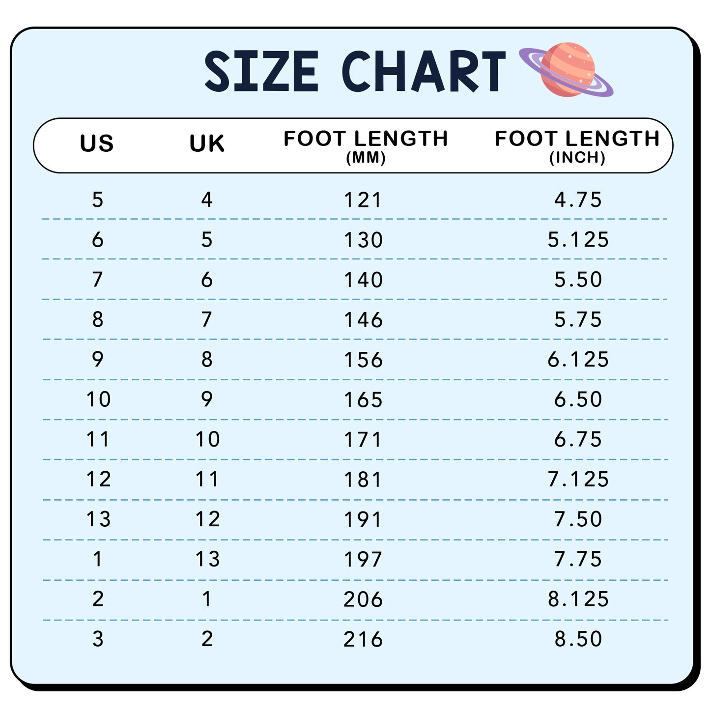 size chart for shoes with us, uk, foot length in millimeters, and foot length in inches.