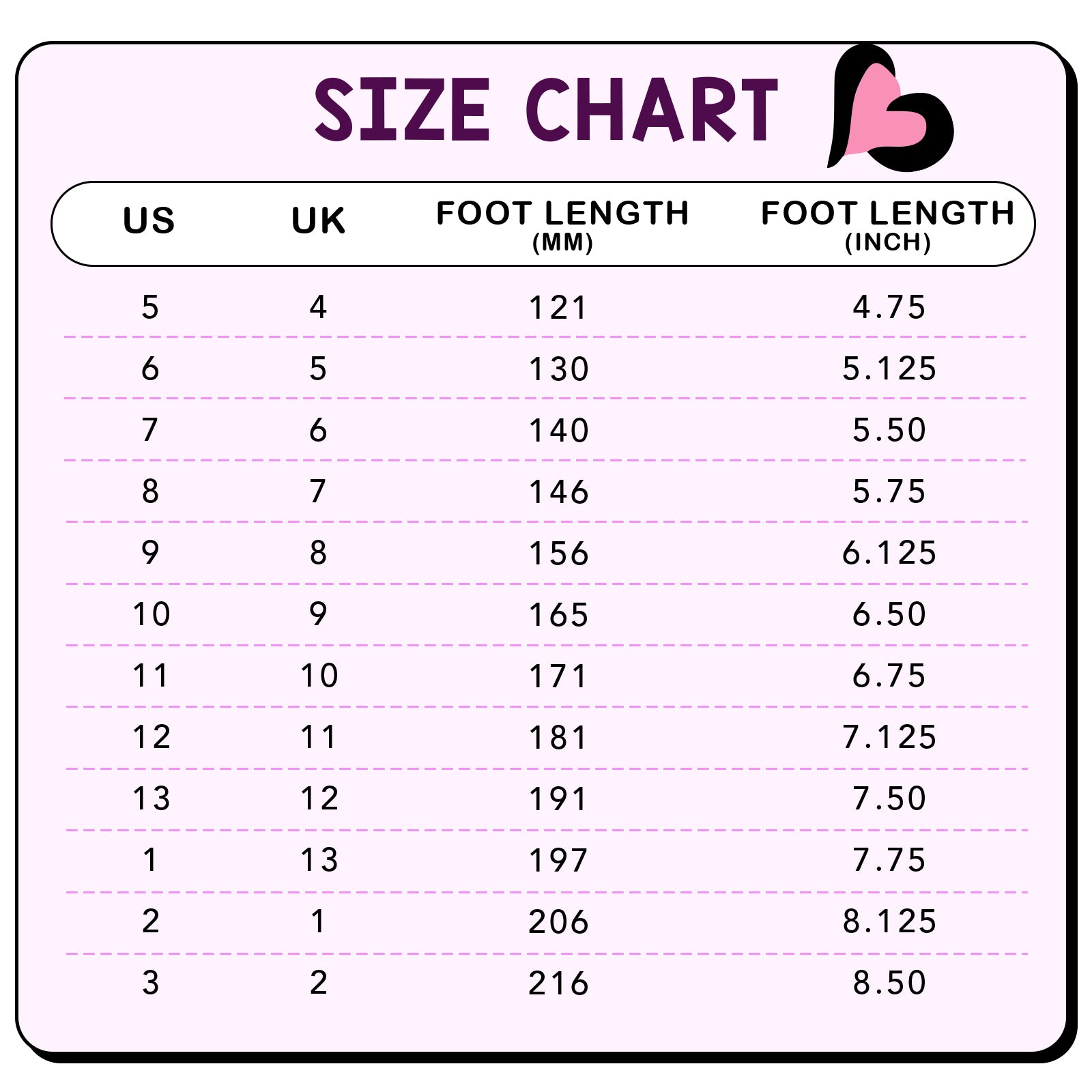 Size chart for shoes with US, UK, foot length in millimeters, and inches.