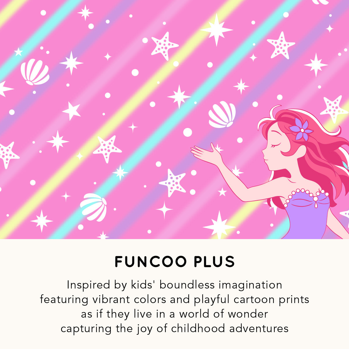 Cartoon mermaid on a pink background with stars and shells, featuring the brand 'Funcoo Plus'.
