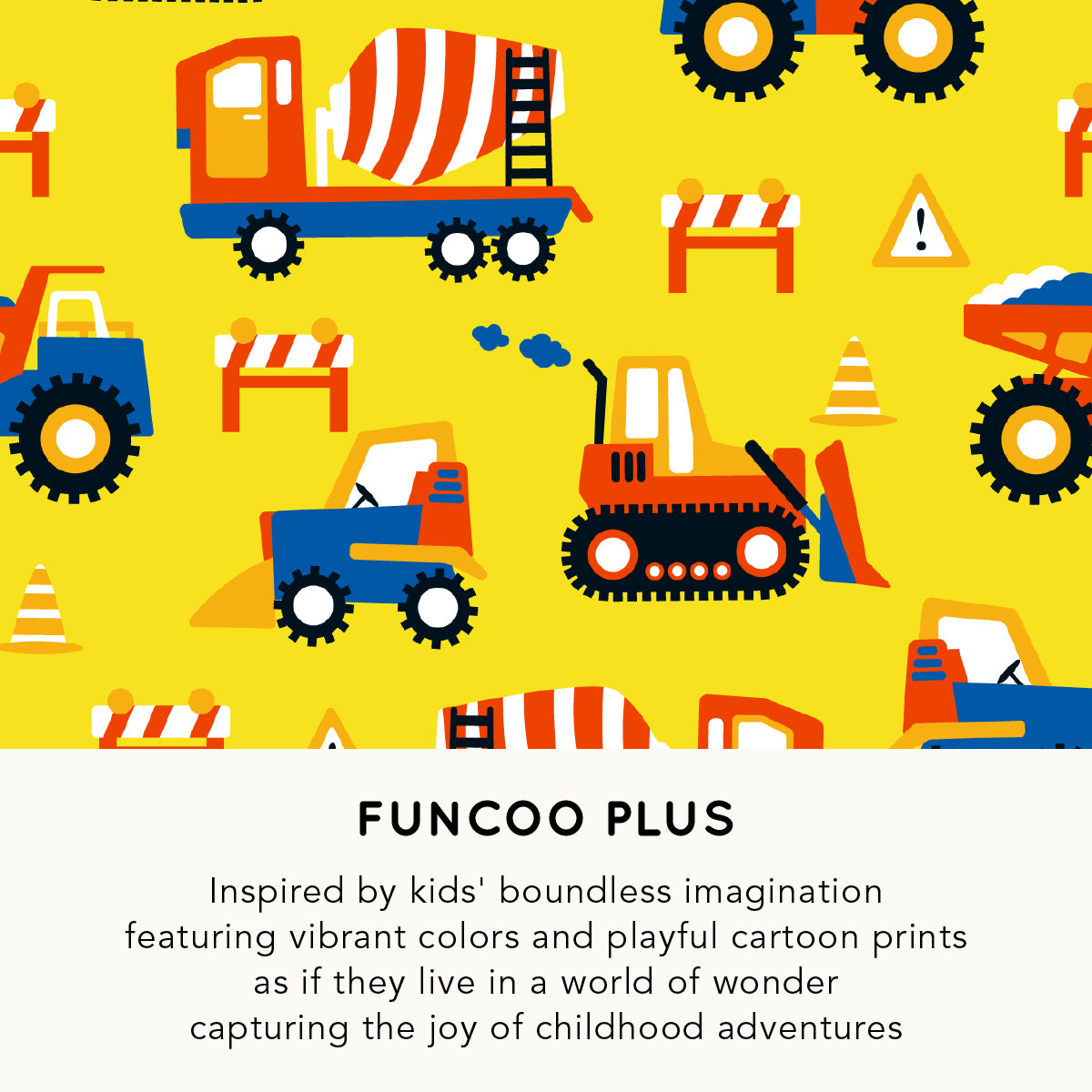 Pattern of colorful construction vehicles and icons on a yellow background with 'Funcoo Plus' branding.
