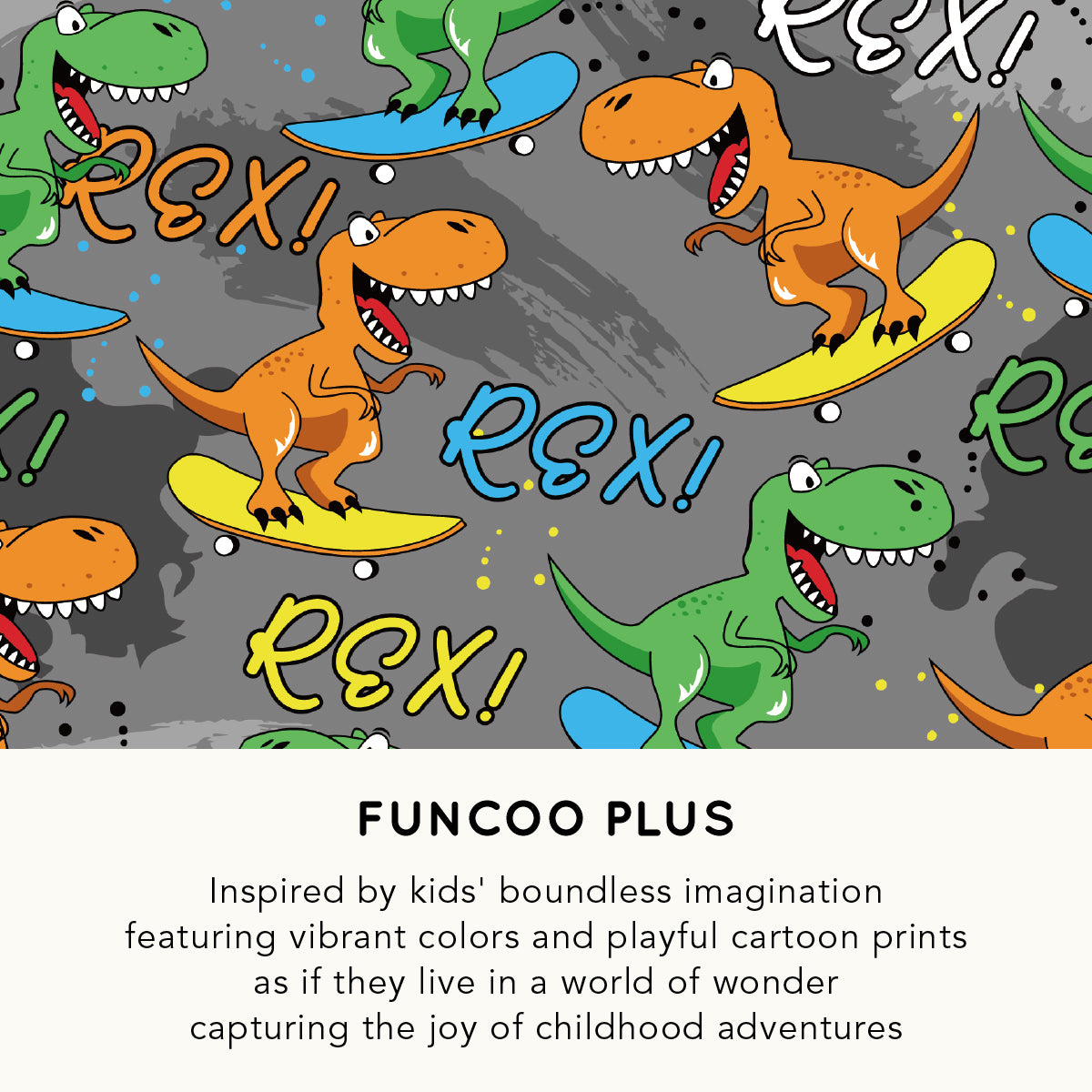 pattern of colorful dinosaurs on skateboards with 'rex!' text, branded as funcoo plus.