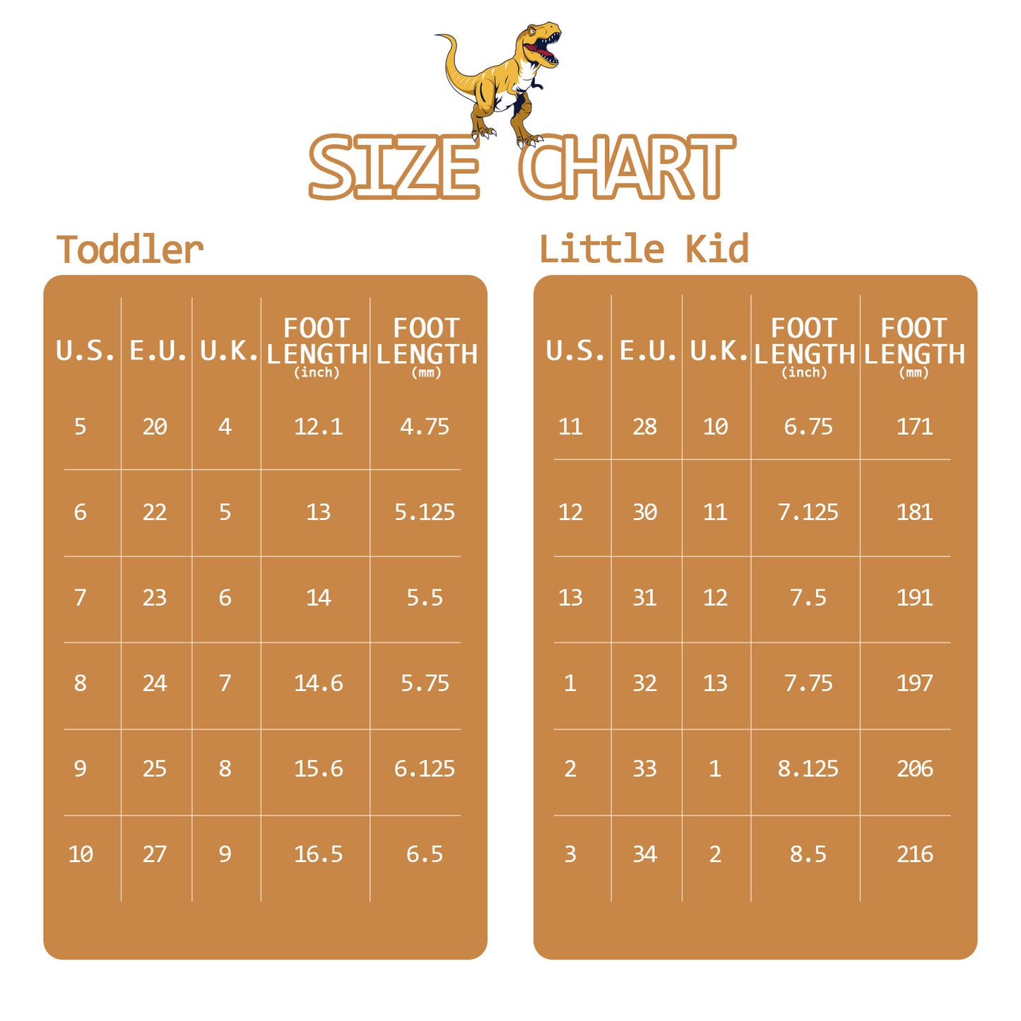 size chart for toddlers and little kids with foot length measurements on a white background.