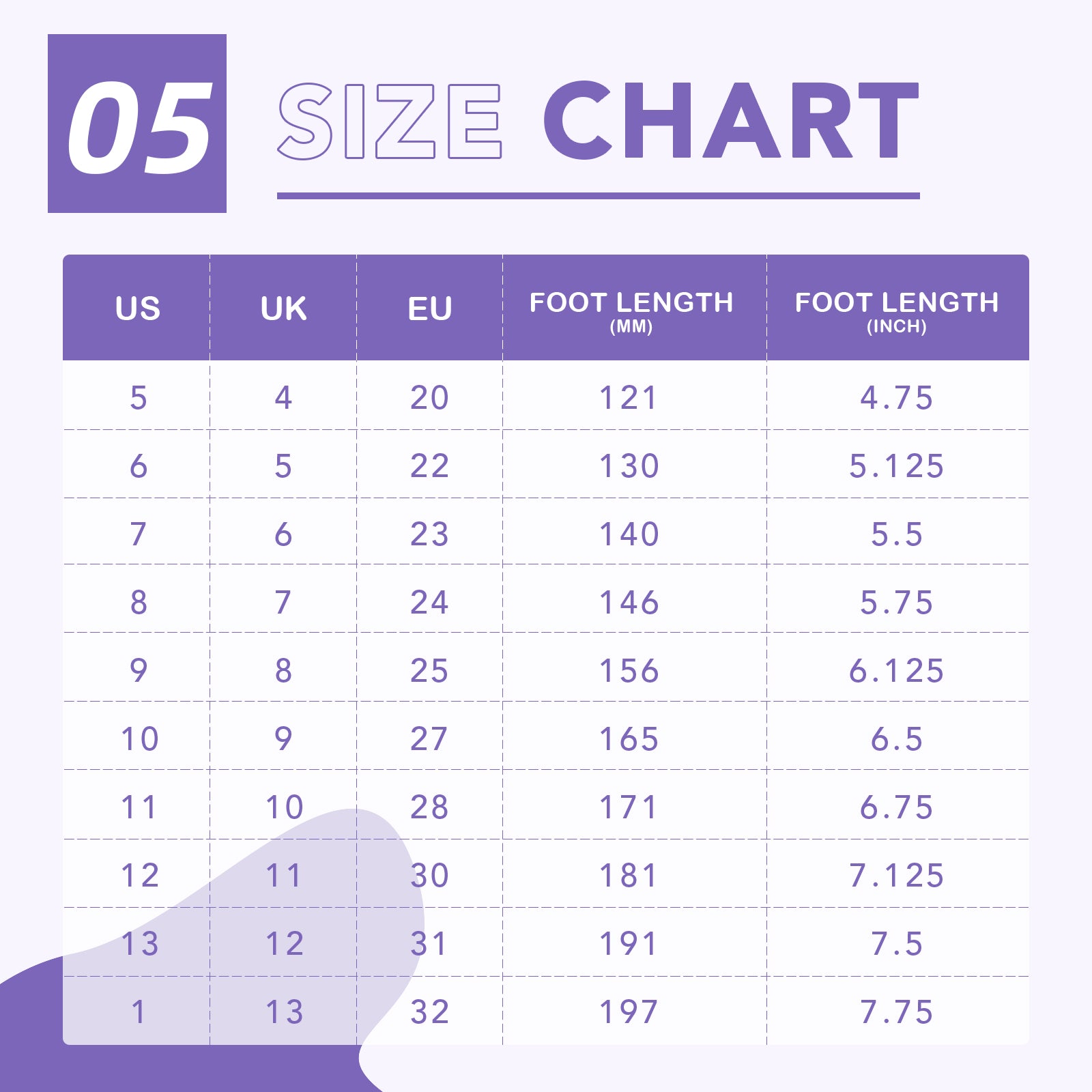 Size chart for shoes with US, UK, EU, foot length (mm), and foot length (inch) measurements.