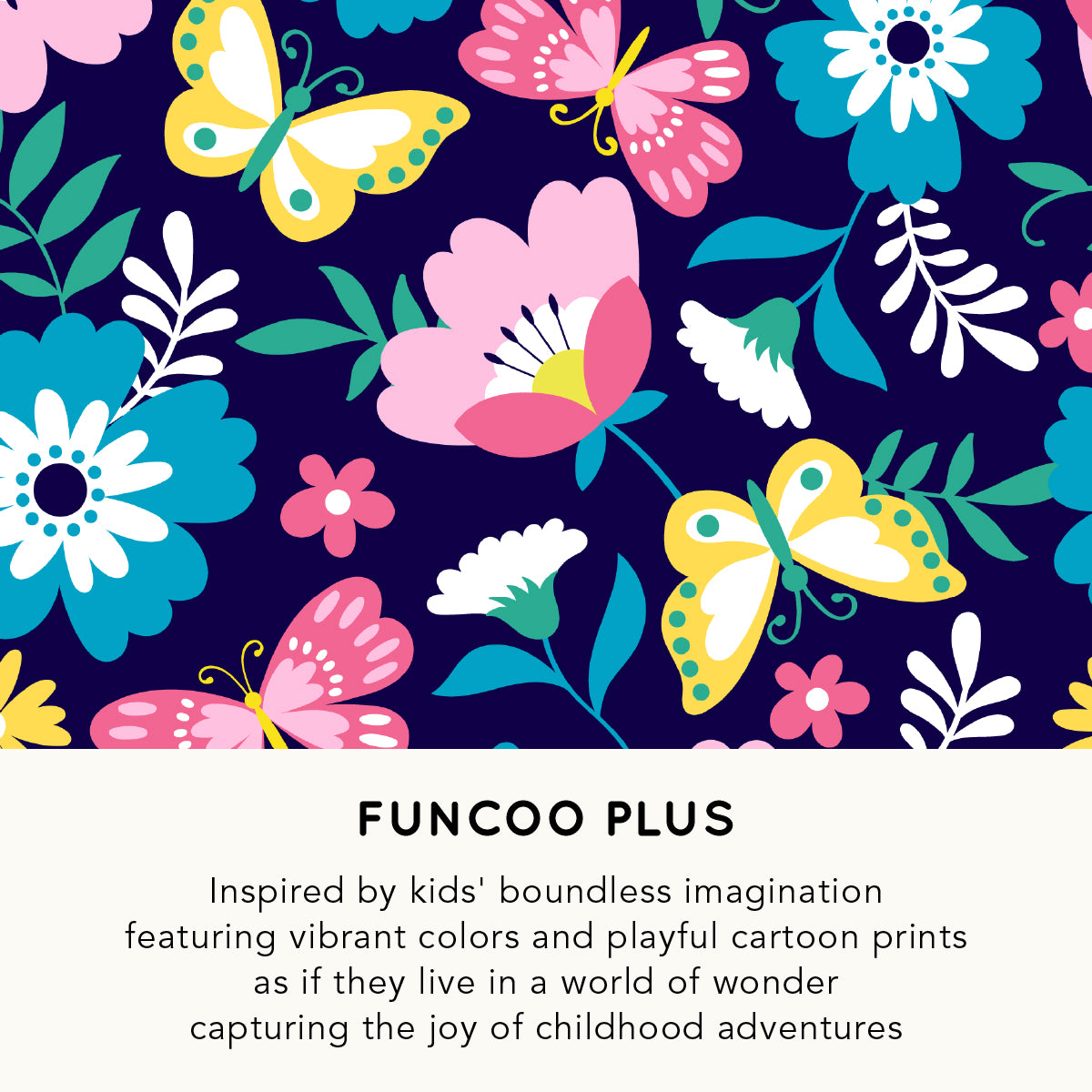 Colorful floral and butterfly pattern with 'Funcoo Plus' branding.