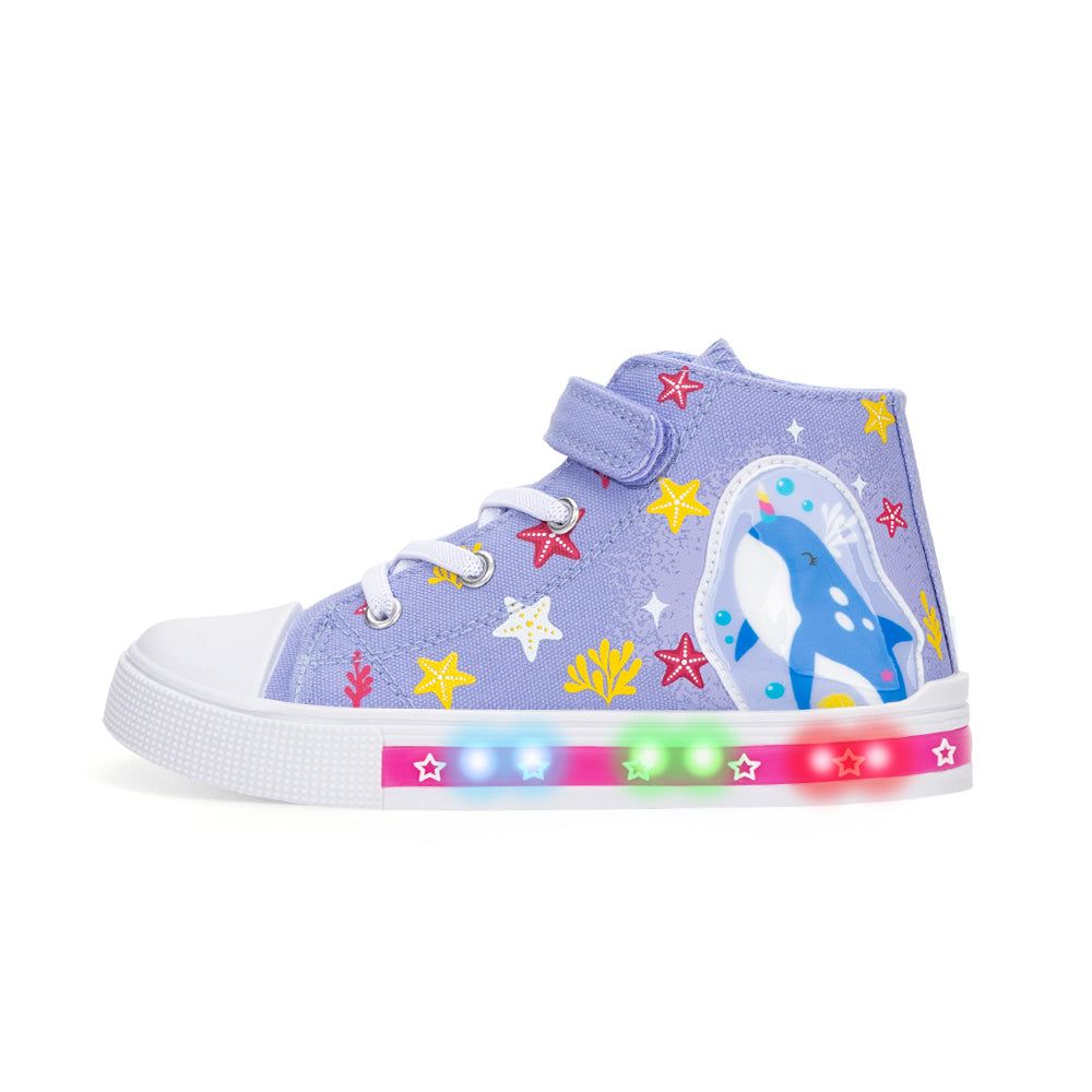 Children's light blue high-top sneakers with colorful star patterns and a whale design on a white background.