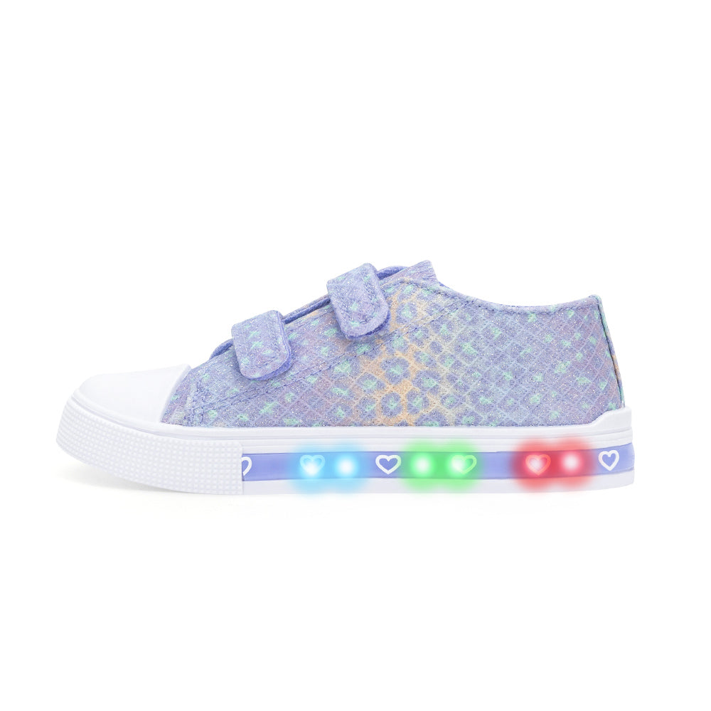 Light-up shoe with colorful LED lights on a white background