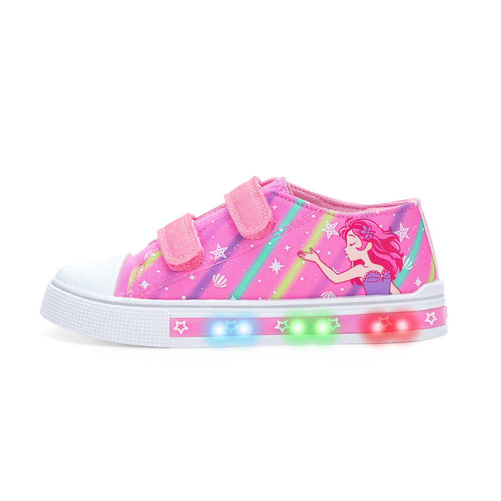Pink children's shoe with mermaid design and colorful LED lights on a white background